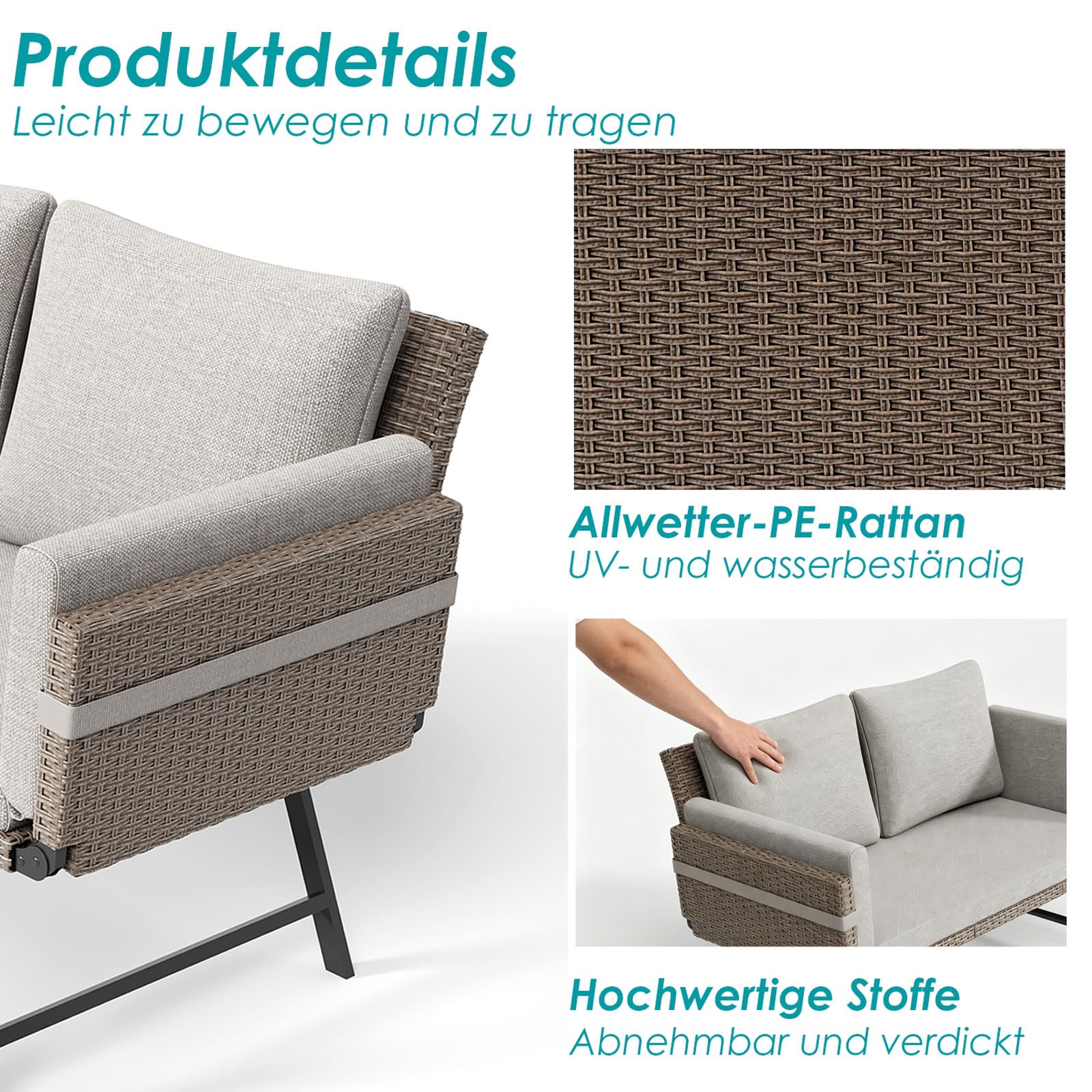 Balkonbank mit Liegefunktion,Liege Bank rattan 4-in-1 Gartenbank mit klappbaren Armlehnen,176cm Balkonsofa mit Kissen,abnehmbaren Sitzpolstern, Outdoor Lounge Sofa für Garten,Terrasse Balkon (Hell)