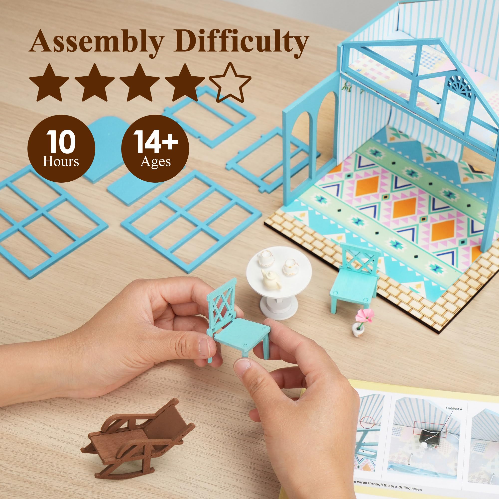 BenBen DIY Miniature House Kit, Garden Tea House Model Craft Kits for Adults, Teens, Mini House Building Kit with Furniture, LED Lights, Dollhouse Diorama to Build for Home Décor