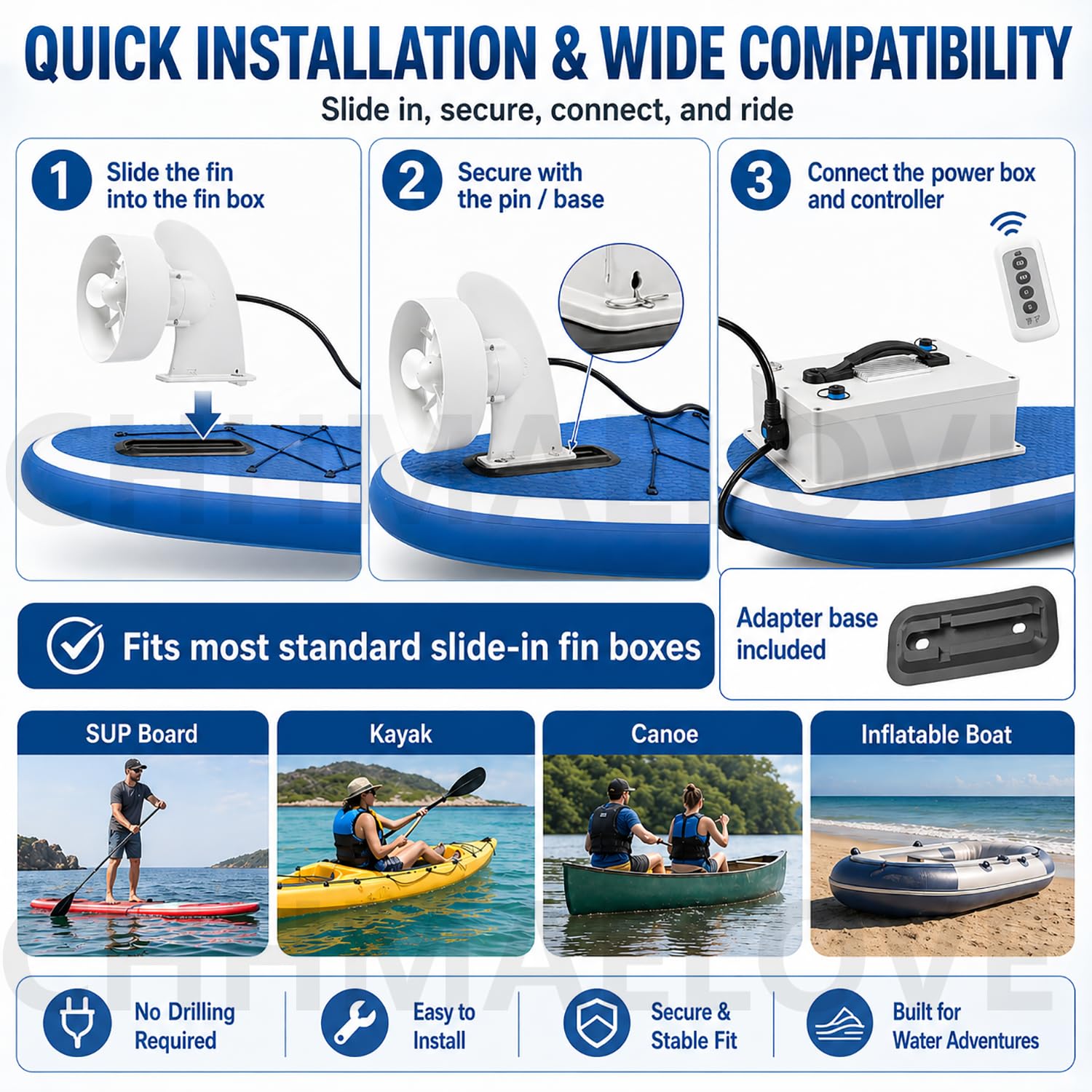 Elektro Finne SUP und SUP Finne Motor, Motor für Stand Up Paddle Board, 4 Modelle, 380W/630W/2500W, Pump-Jet Propeller, Slide-in Fit für SUP, Kajak, Kanu und Aufblasboot, Touren W3502.5h10-12km/h630W