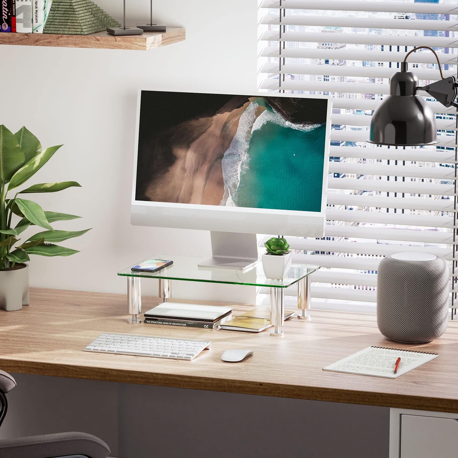 FITUEYES 1 Pack Monitor Stand –Adjustable Glass Computer Monitor Riser, Clear Desktop Stand for Laptop TV Computer Screen, Desk Organization, Office Supplies, DT103801GC