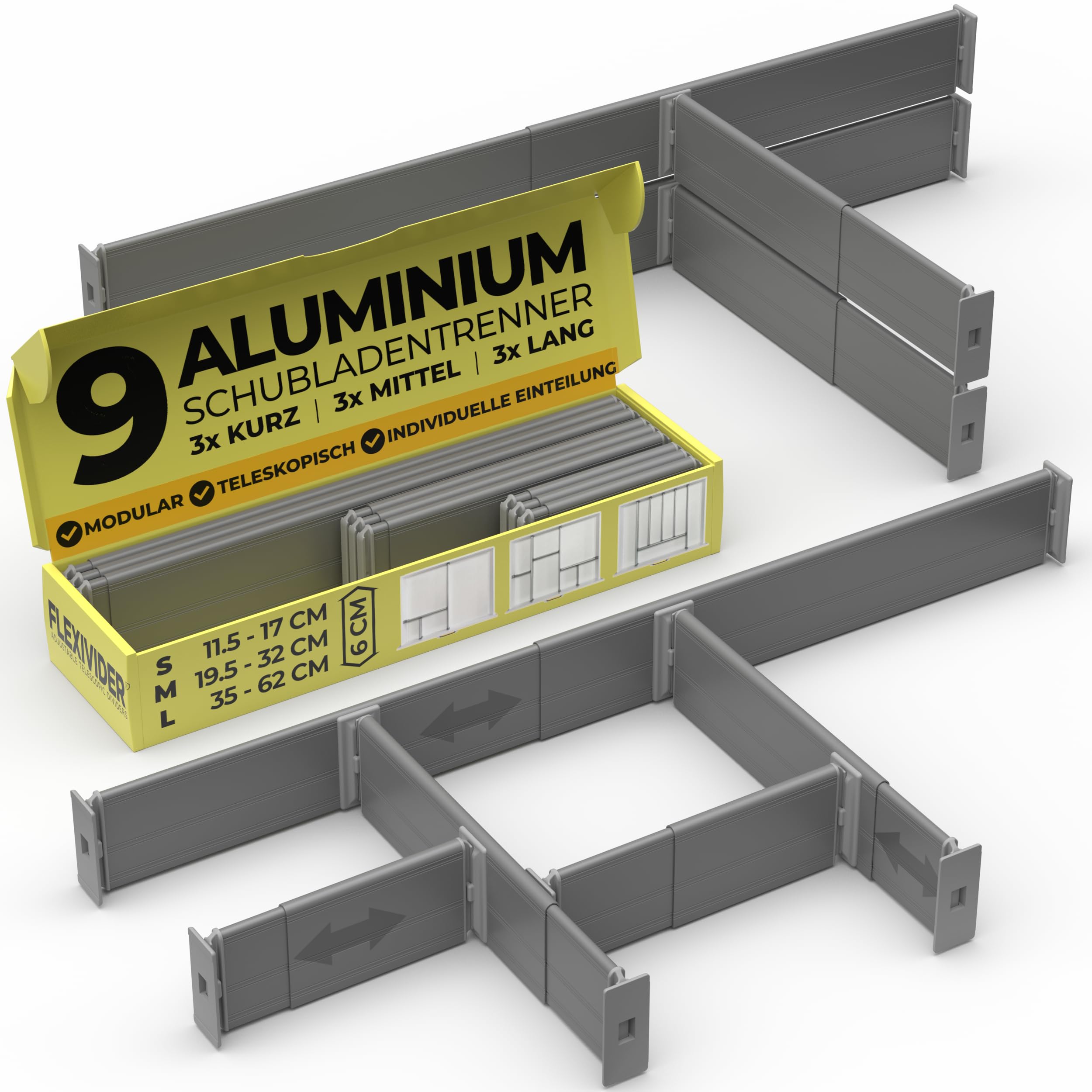 PRACTICAL COMFORT Verstellbare Aluminium-Schubladentrenner, ausziehbare Schubladenteiler, 6 cm hoch, 9-teiliges Set (3 lang + 3 mittel + 3 kurz), für Küche, Bad & Büro, Grau