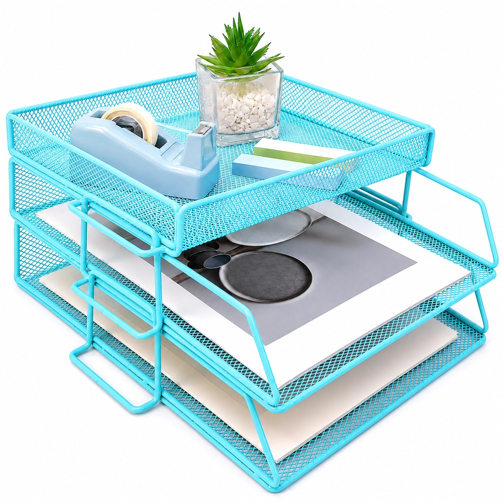 Ideallife 2-Tier Blue Letter Trays Stackable With Top Stationery Holder, 2-Tier Metal Desk Organizer Tray, Paper Filing Tray For Office Supplies - Blue