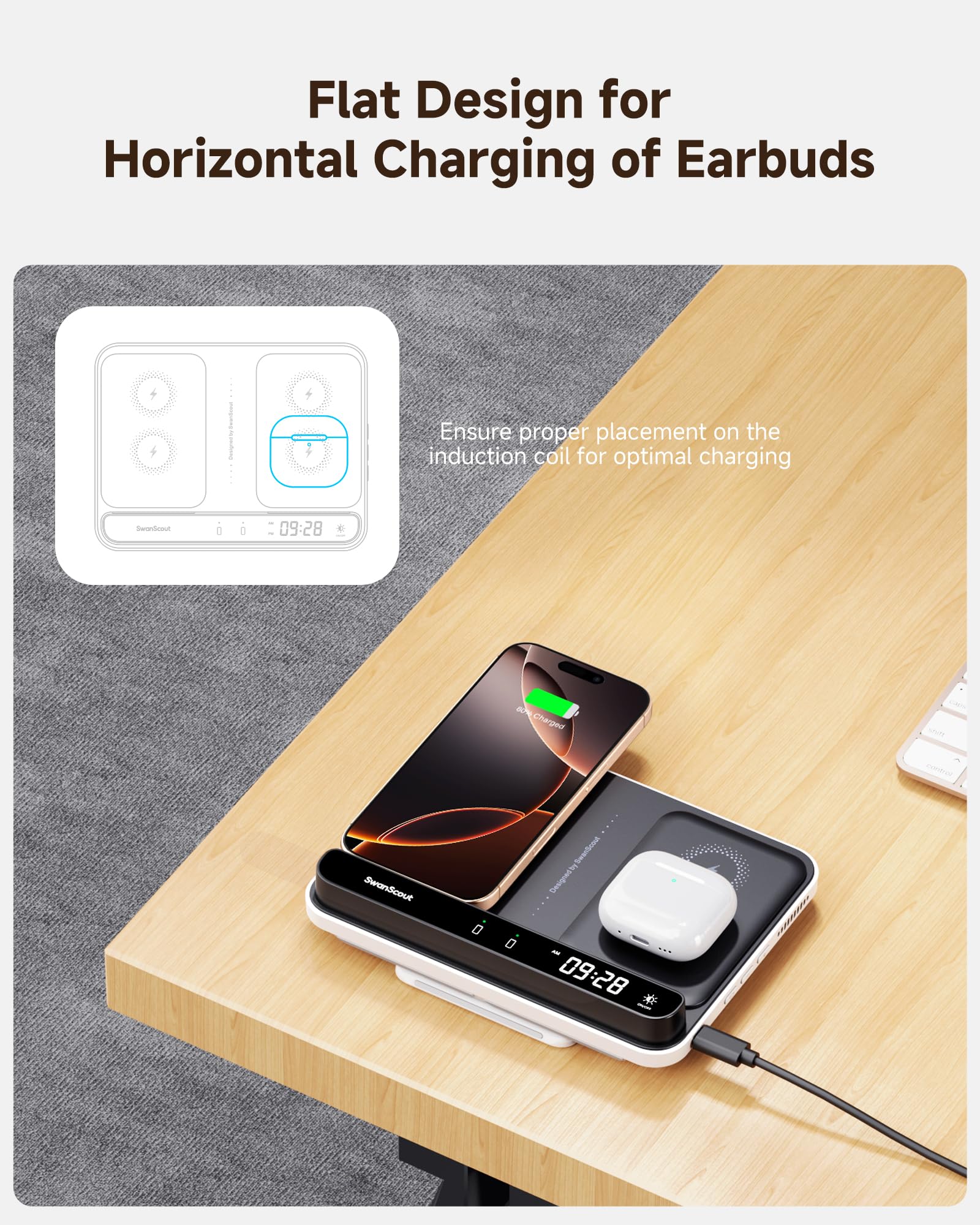 Caricatore Wireless Dual per iPhone, Doppio Caricabatterie per 2 Telefoni | Stazione di Ricarica per iPhone 17/Air/16/15, per Apple Watch 11/10/Ultra 3/SE 3/AirPods, Charger per 2 Phone, SwanScout 710A