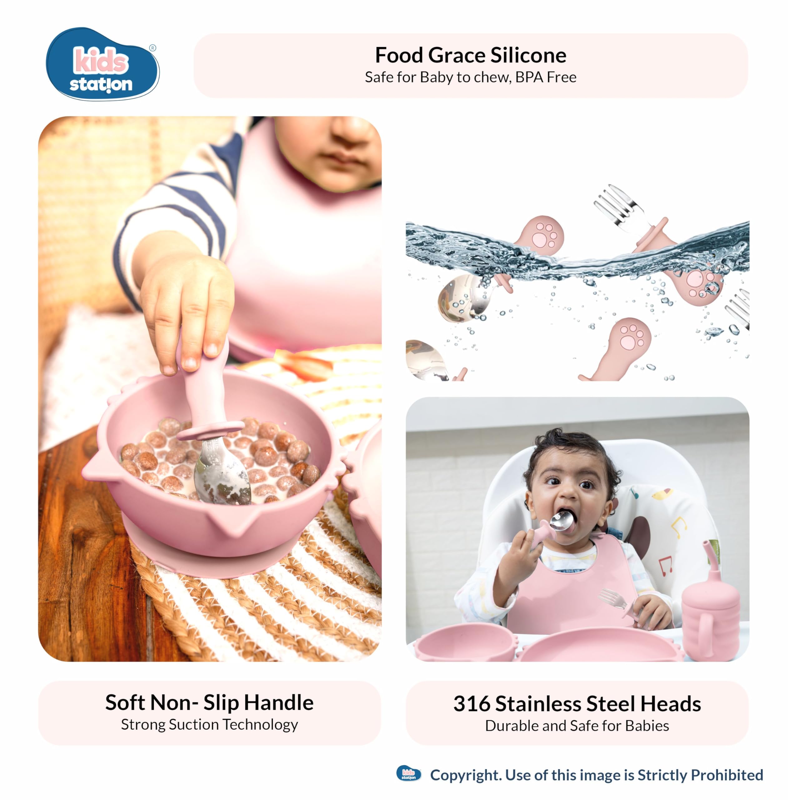 Kids Station 6 Piece BPA-Free Cat Shaped Silicone Baby Feeding Set - Baby Bib - Plate - Fork - Sipper - Spoon and Bowl - Microwave Safe - Unbreakable Eco-Friendly - Organic & Natural (Pink) 3