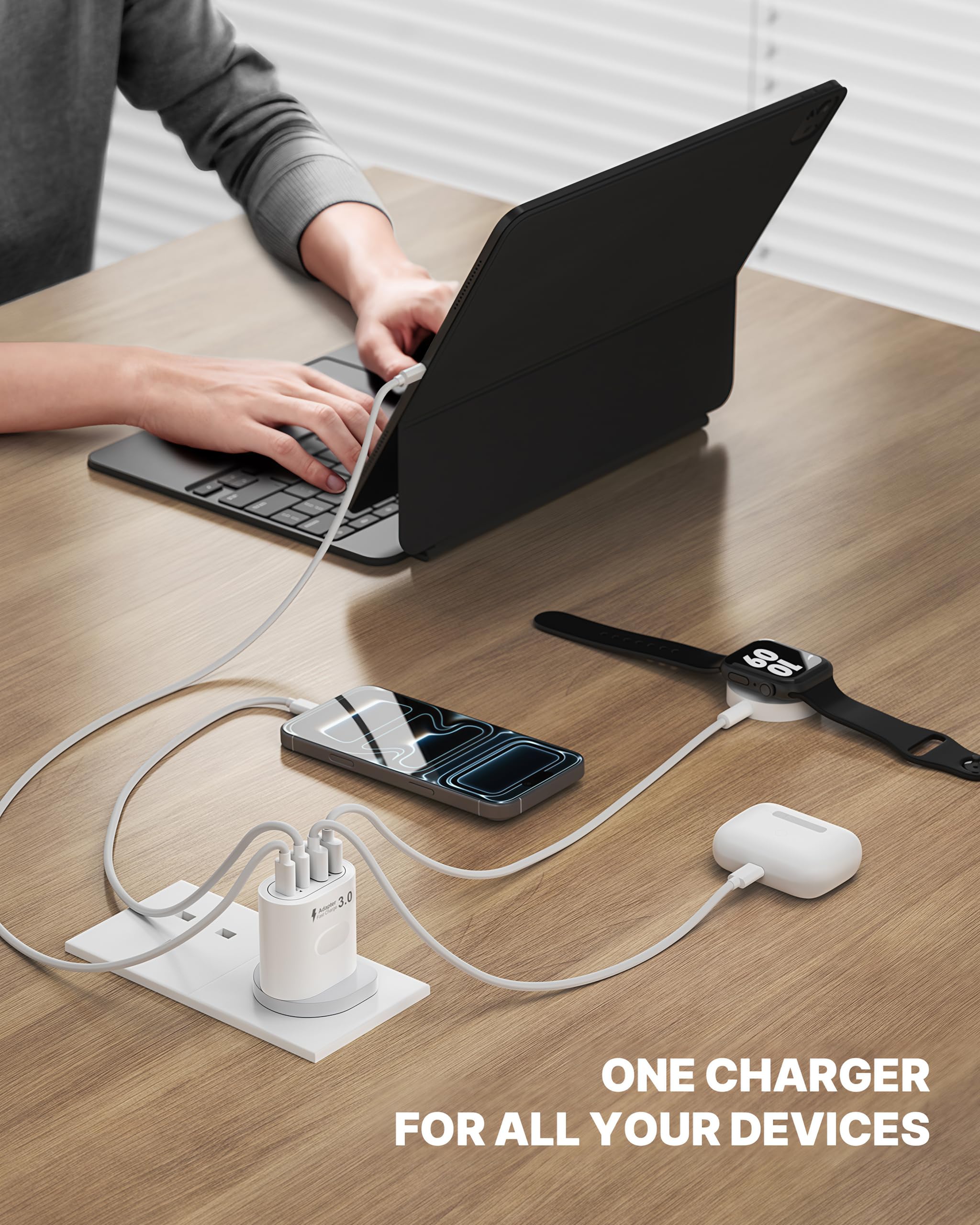 Tupneuf USB C Plug Fast Charge, 60W 4-Port Multi USB Plug UK Dual Port PD Power Adapter (5V/3A, 9V/3A, 12V/2.5A)+QC Mains Wall Charger, Type C Fast Charging for iPhone 16/15/14/13/12 Pro Max, Samsung, iPad in use