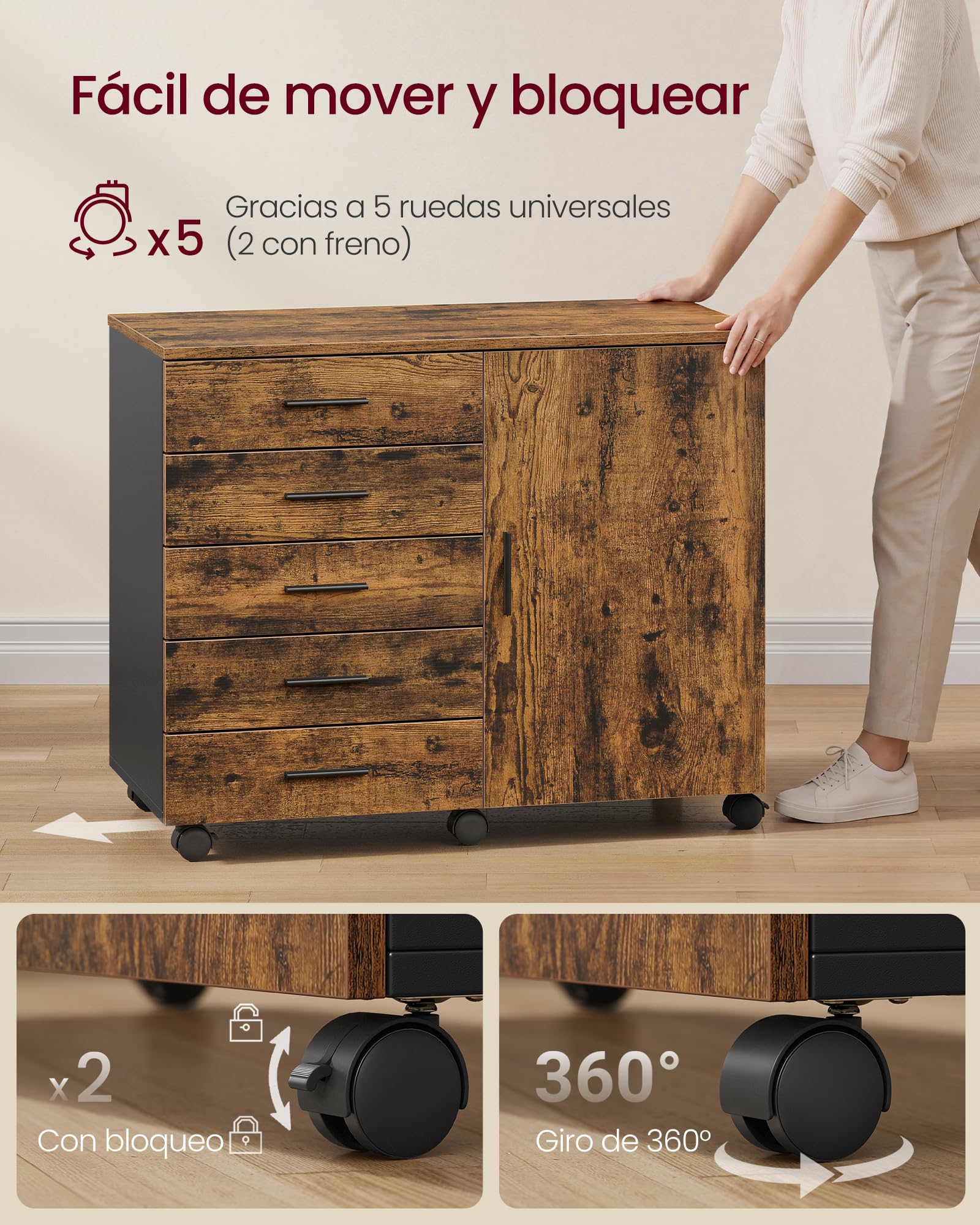 VASAGLE Archivador Móvil con 5 Cajones, 2 Estantes con Puerta, Cajonera, Soporte para Impresora, con Guías Deslizantes sin Tornillos, para Oficina, Casa, Marrón Rústico OFC092KD02