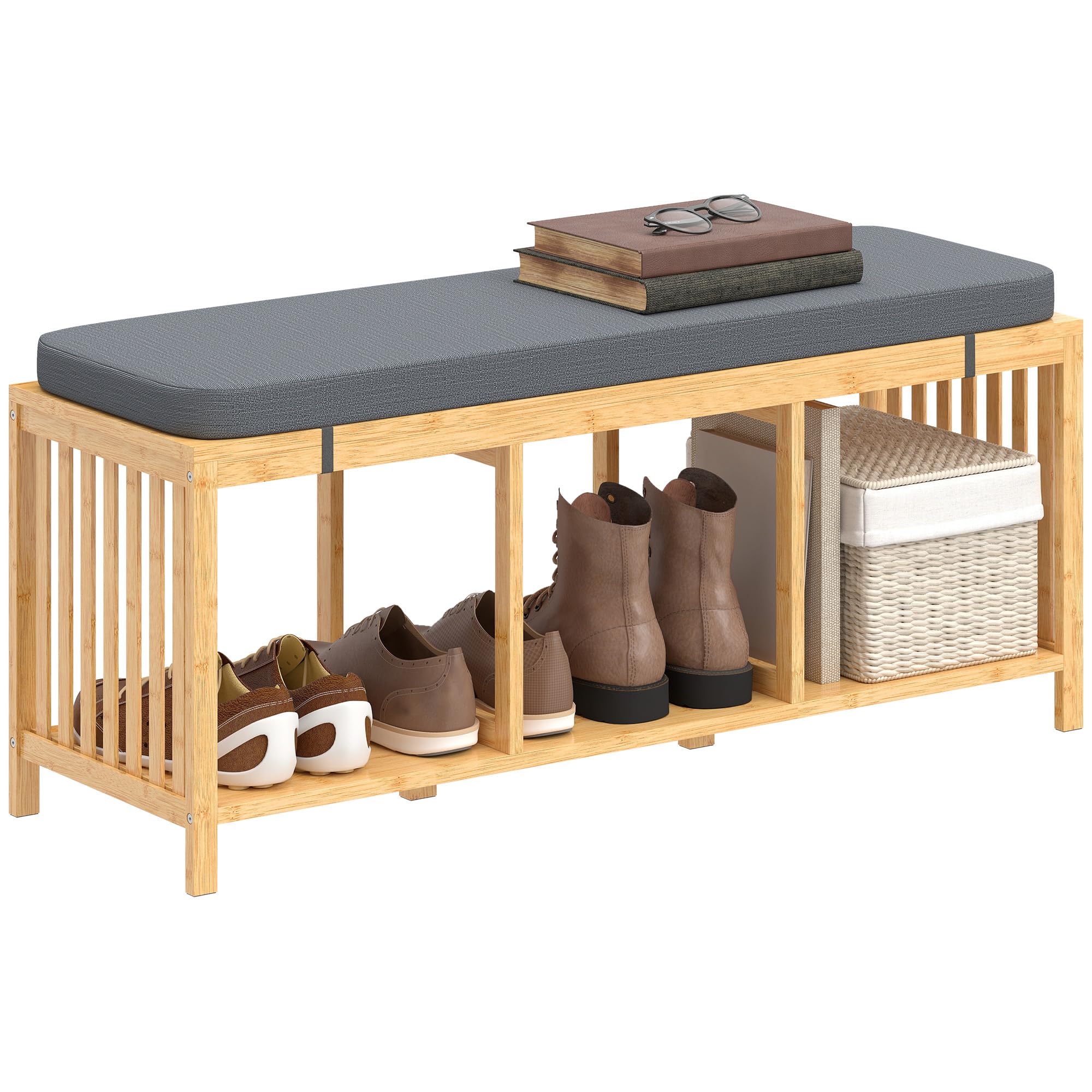 Rackhams Shoe Rack With Seat, Bamboo Storage Bench, Natural Wood Finish - Natural Wood - Bamboo, Polyester, Foam - 1