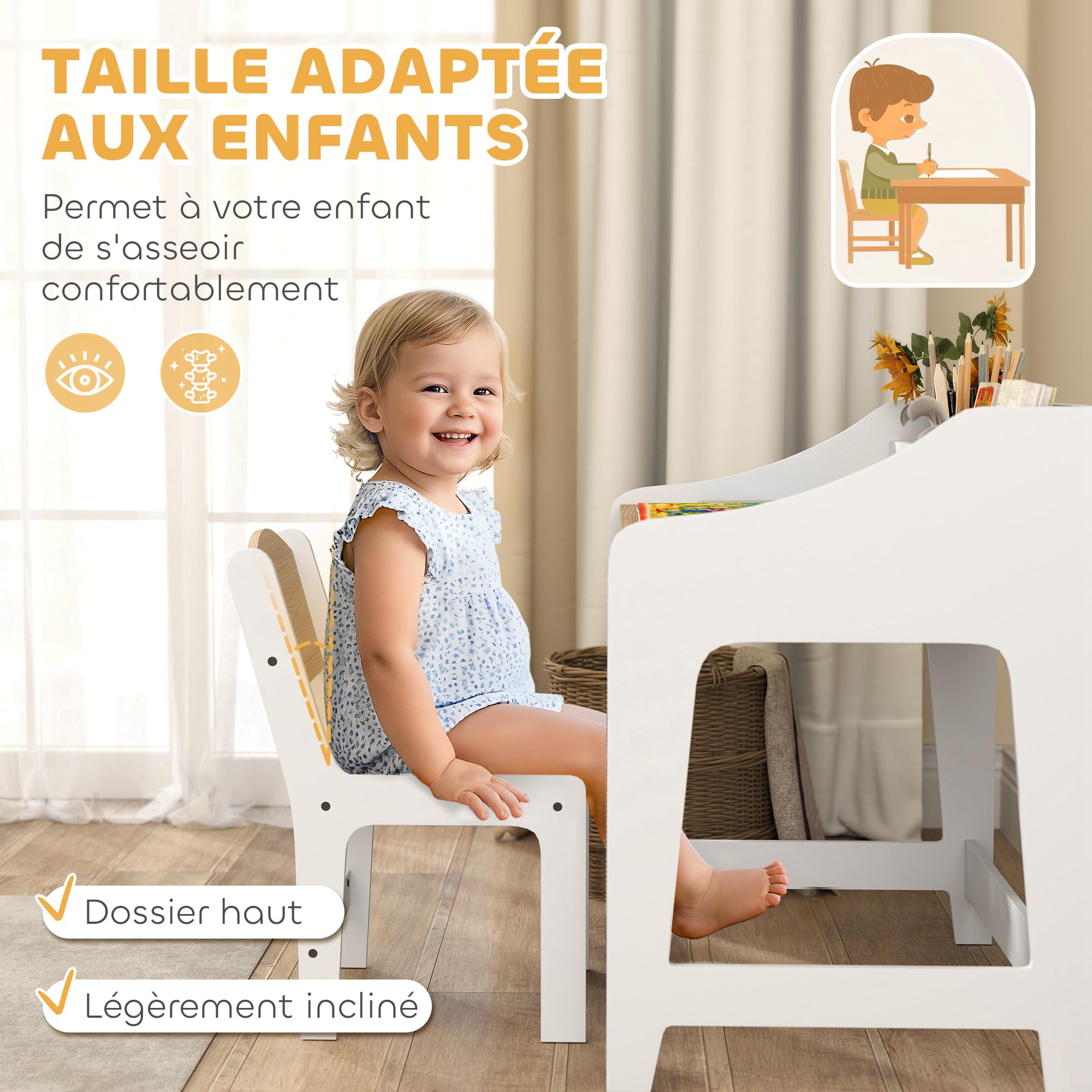 AIYAPLAY Ensemble Bureau et Chaise pour Enfant 3 à 8 Ans, Bureau Enfant garçon Fille avec Chaise, Compartiments et étagères Ouverts, pour Chambre à Coucher, Salle de Jeux, crèche, Effet Bois Naturel