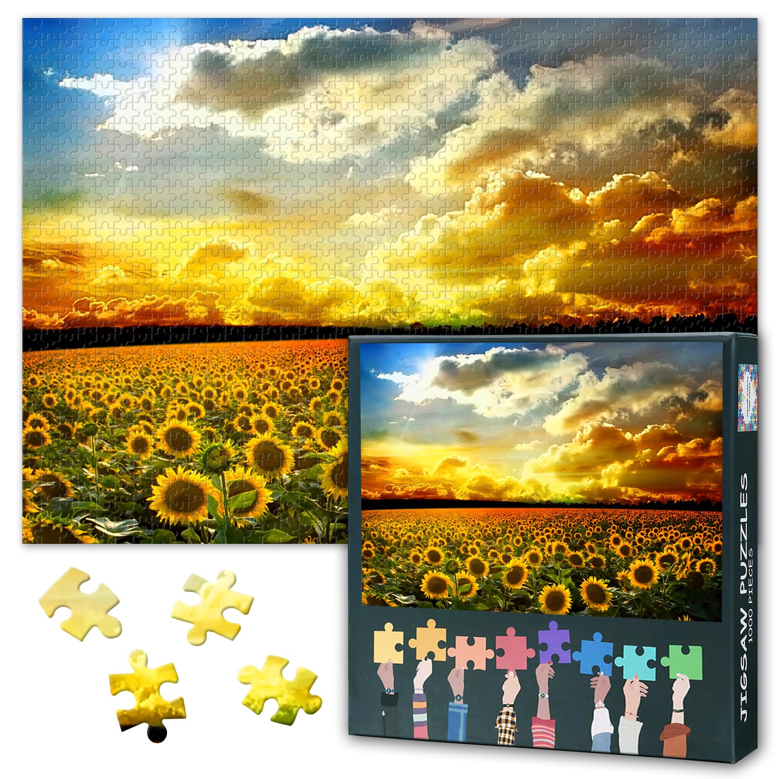 1000 Piece Jigsaw Puzzle -Sunflower Field Sunset, 50x70cm Intricate Details Mindful Evening Activity, Collectors Edition British Landscape Puzzles, Unique Gift for Adults