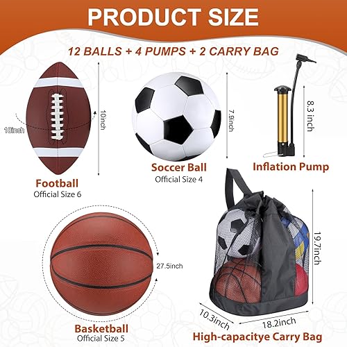 Miniatura 2 de Liliful Juego de 12 pelotas deportivas para niños y adolescentes, incluye baloncesto oficial de tamaño 5, fútbol tamaño 6, pelota de fútbol tamaño