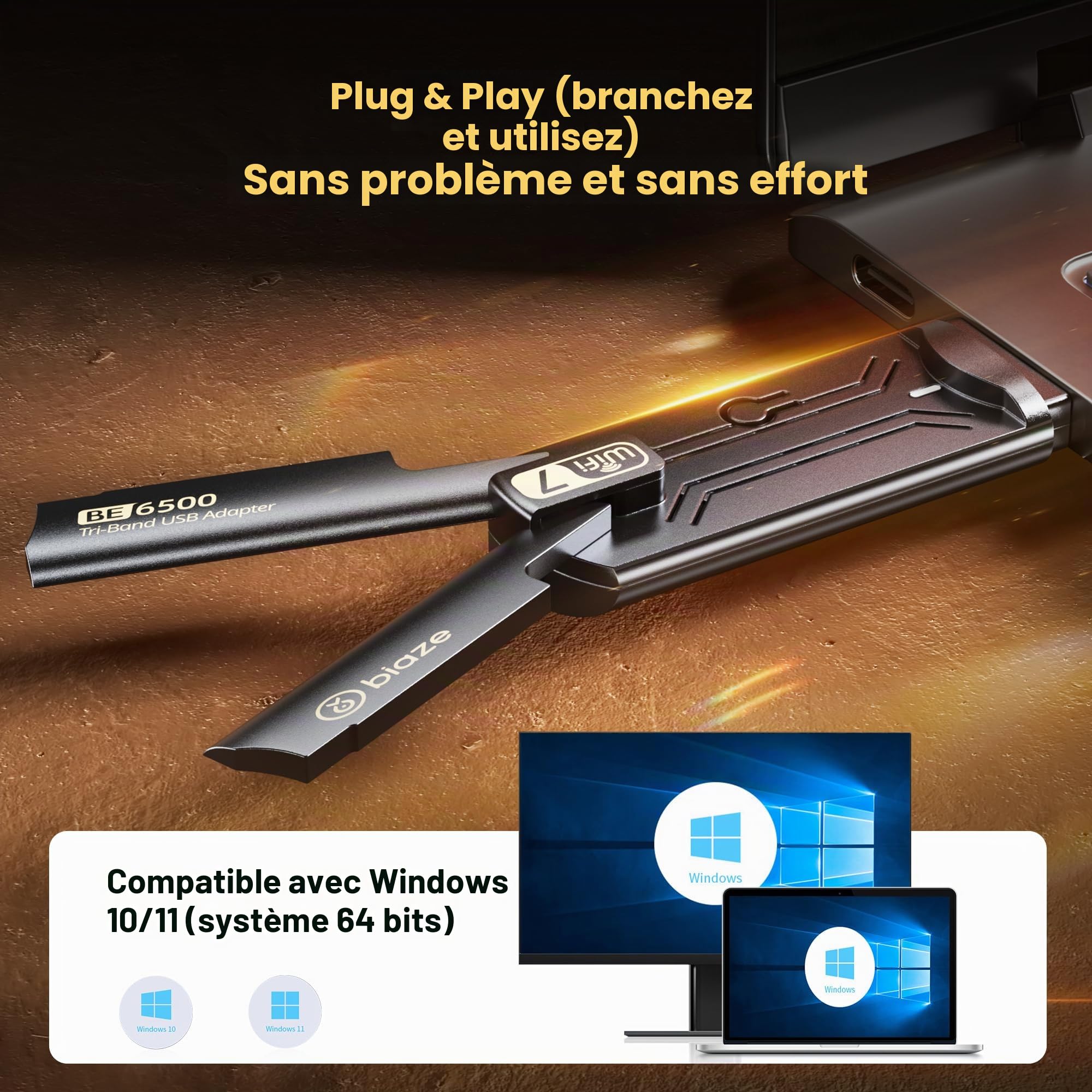UK20 Clé WiFi 7 Dongle, USB 3.0 pour PC Windows 10/11, 2.4G/5G/6G, cryptage WPA3, MU-MIMO, OFDMA