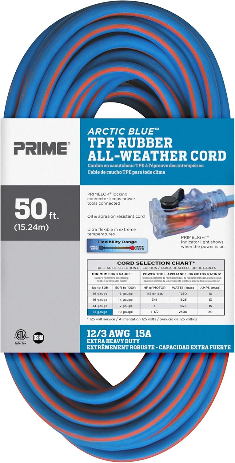 Prime LT530830 Extra Heavy Duty 50-Foot Artic Blue All-Weather TPE Extension Cord