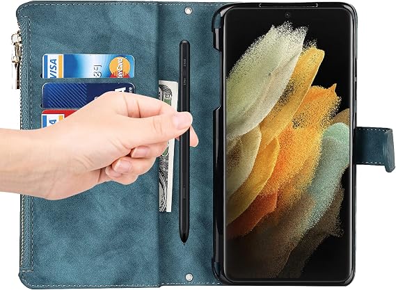 Eastwave Galaxy S21 Ultra 5G Case Samsung Galaxy S21 Ultra Case SC-52B docomo Rope Case Folio Wallet Type IC Card Coin Pocket with Strap Card Storage Coin Pocket Zipper Pocket PU Leather 6 Colors Blue
