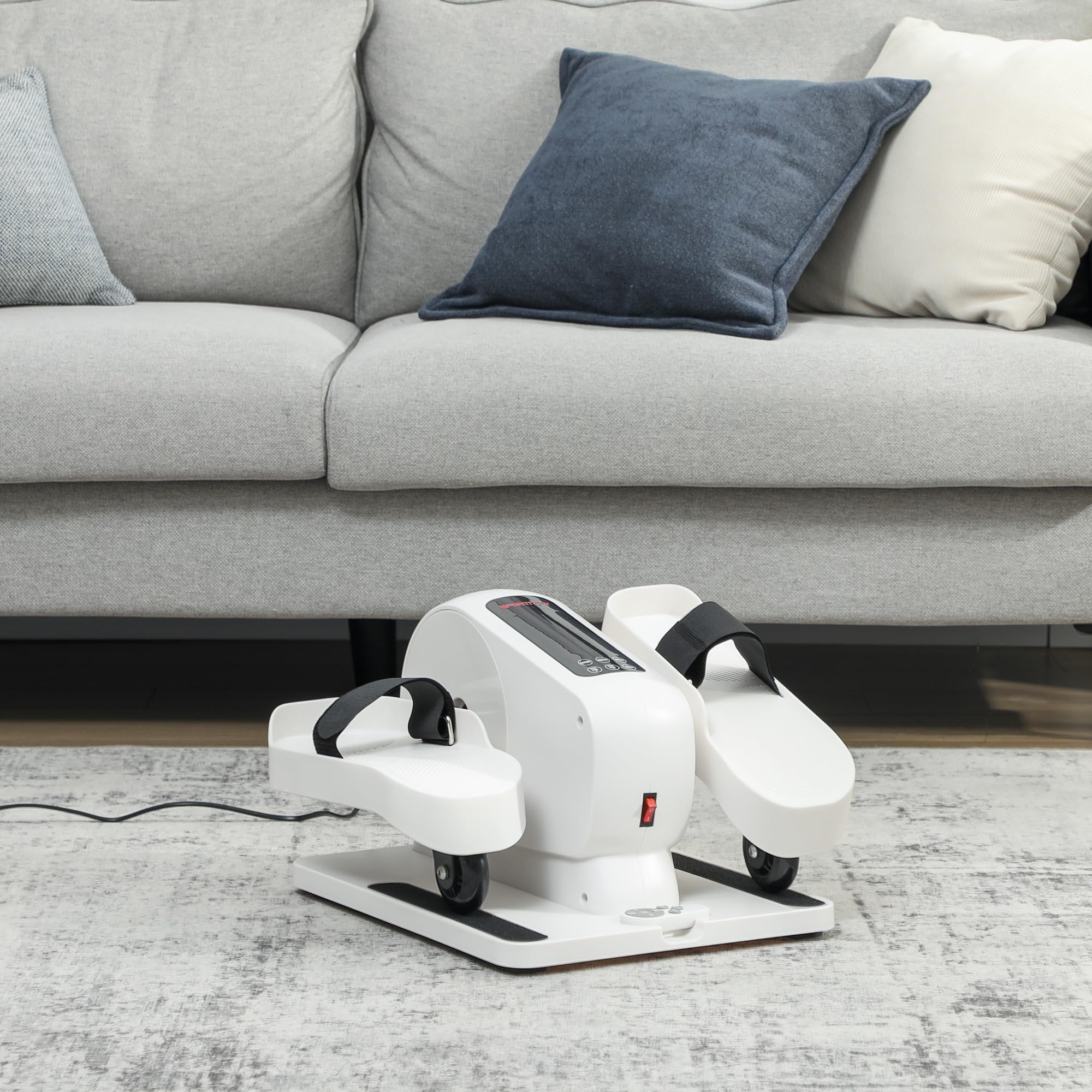 SPORTNOW Pedalier d'appartement, elliptique de Bureau, Mini vélo elliptique électrique Assis avec écran LED, télécommande et 12 Vitesses réglables, Silencieux et Portable pour Les Seniors, Blanc
