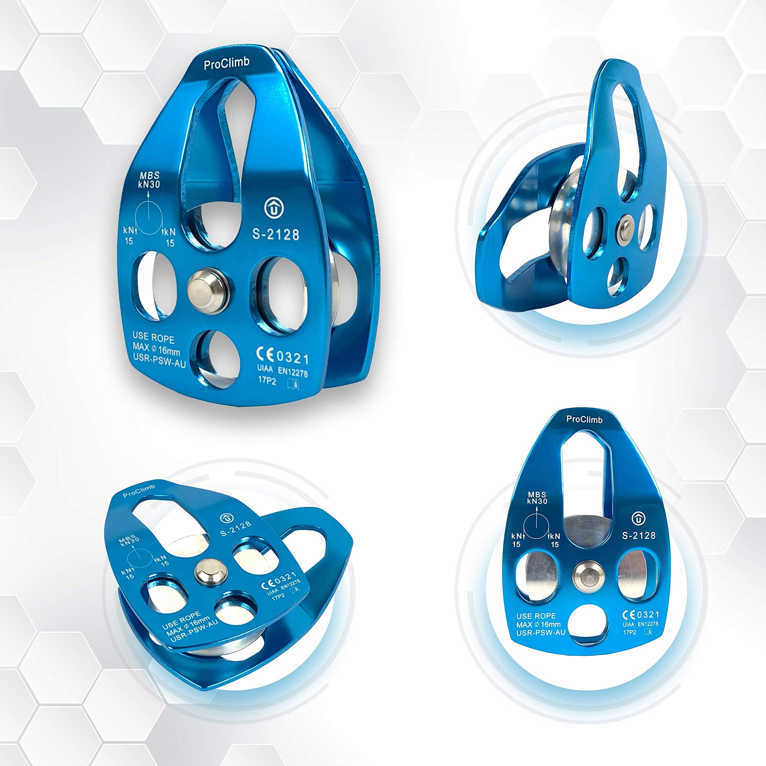 Polea de cuerda de aluminio de 30 kN con placa oscilante, certificado CE/UIAA, polea individual (azul) - Cuerda de 5/8 pulgadas