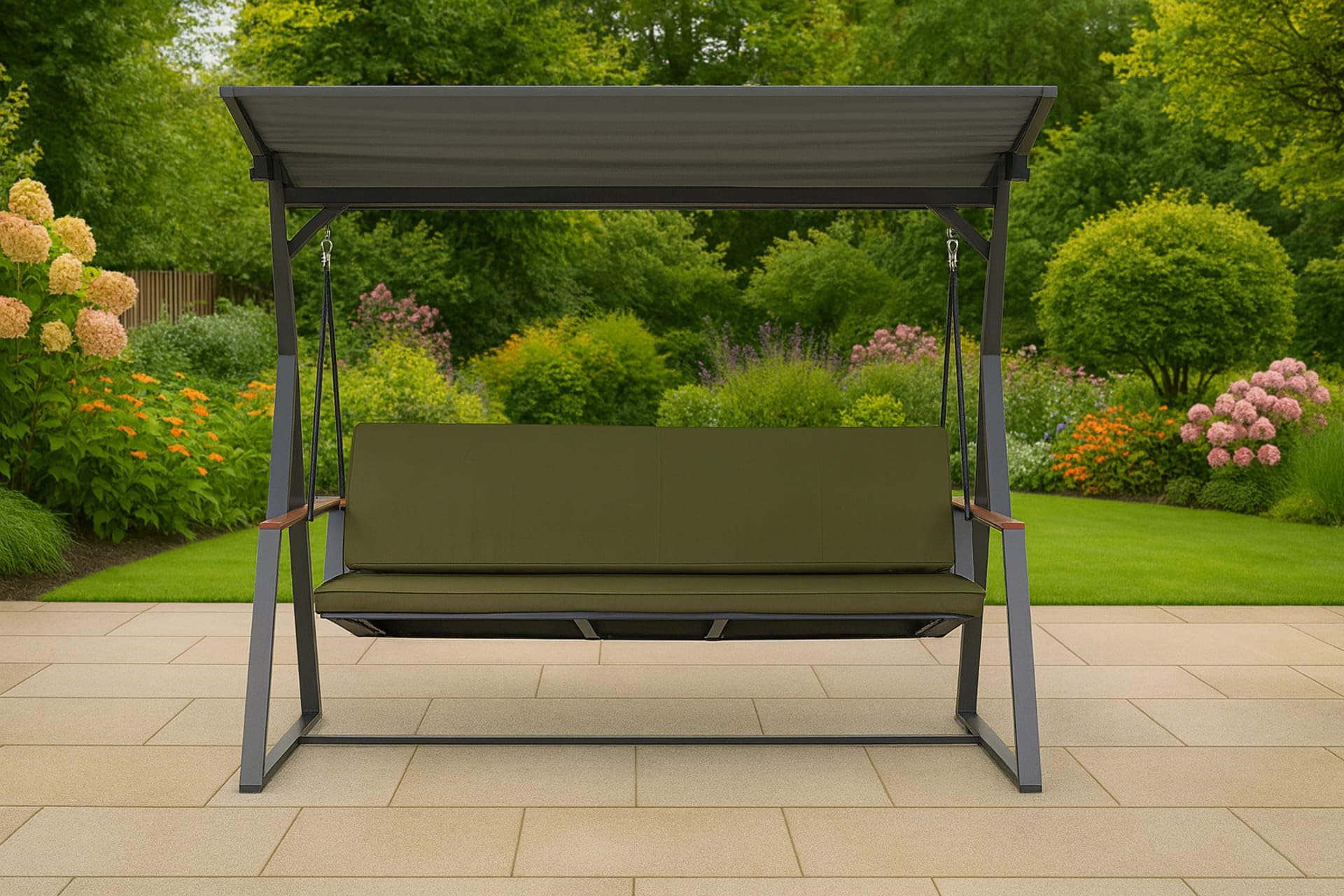 Cojín para columpio de jardín, 7 cm de grosor, acolchado para asiento y respaldo, funda extraíble, reversible, juego de cojines de jardín (verde oliva, 160 x 50 x 50 cm)