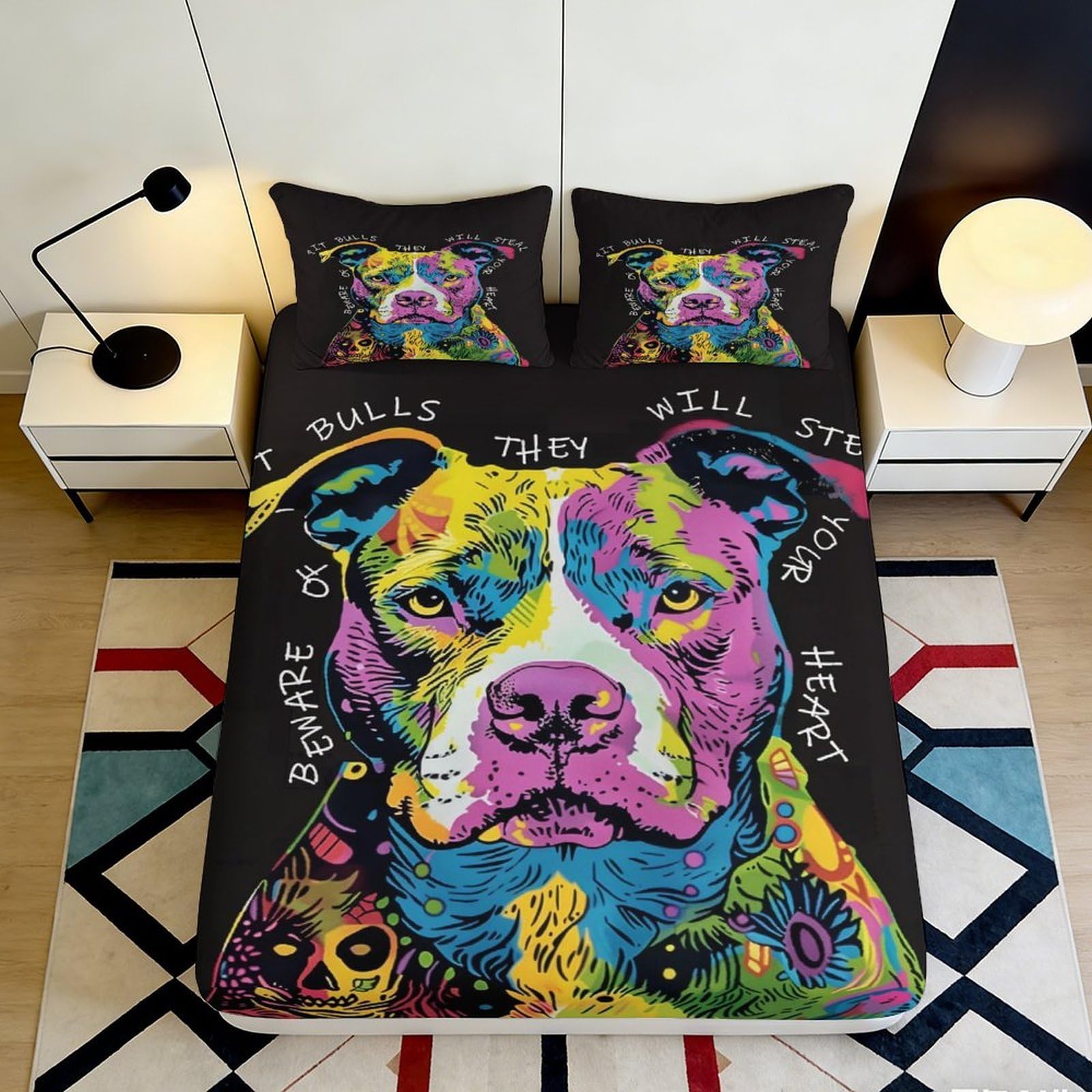 3D Printed Colorful Dog Fitted Sheet Microfiber Deep Pocket Full Wrap Non-Slip Dog Mattress Fitted Cover for Bedroom 200x200x25cm