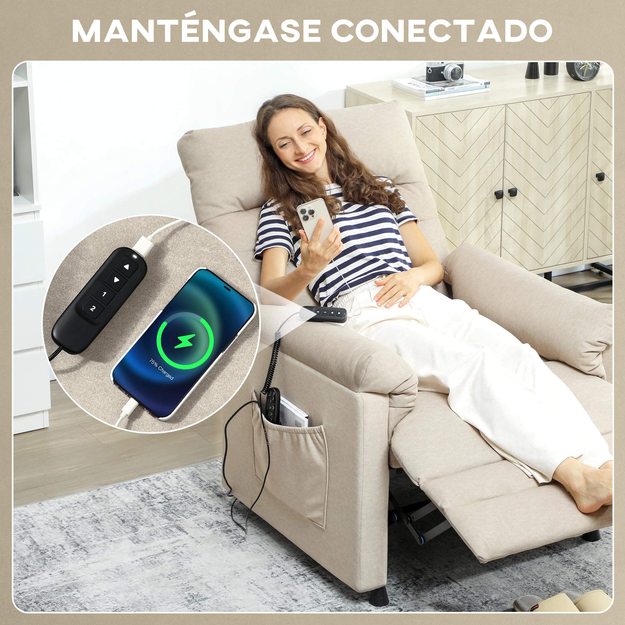 HOMCOM Sillón Relax Reclinable Eléctrico, con Calor Lumbar y Masaje Vibración, Sillón Masaje Relax, Motor Silencioso, Función de Memoria, Bolsillos, Control Remoto con USB, Tejido Pet-Friendly, Beige