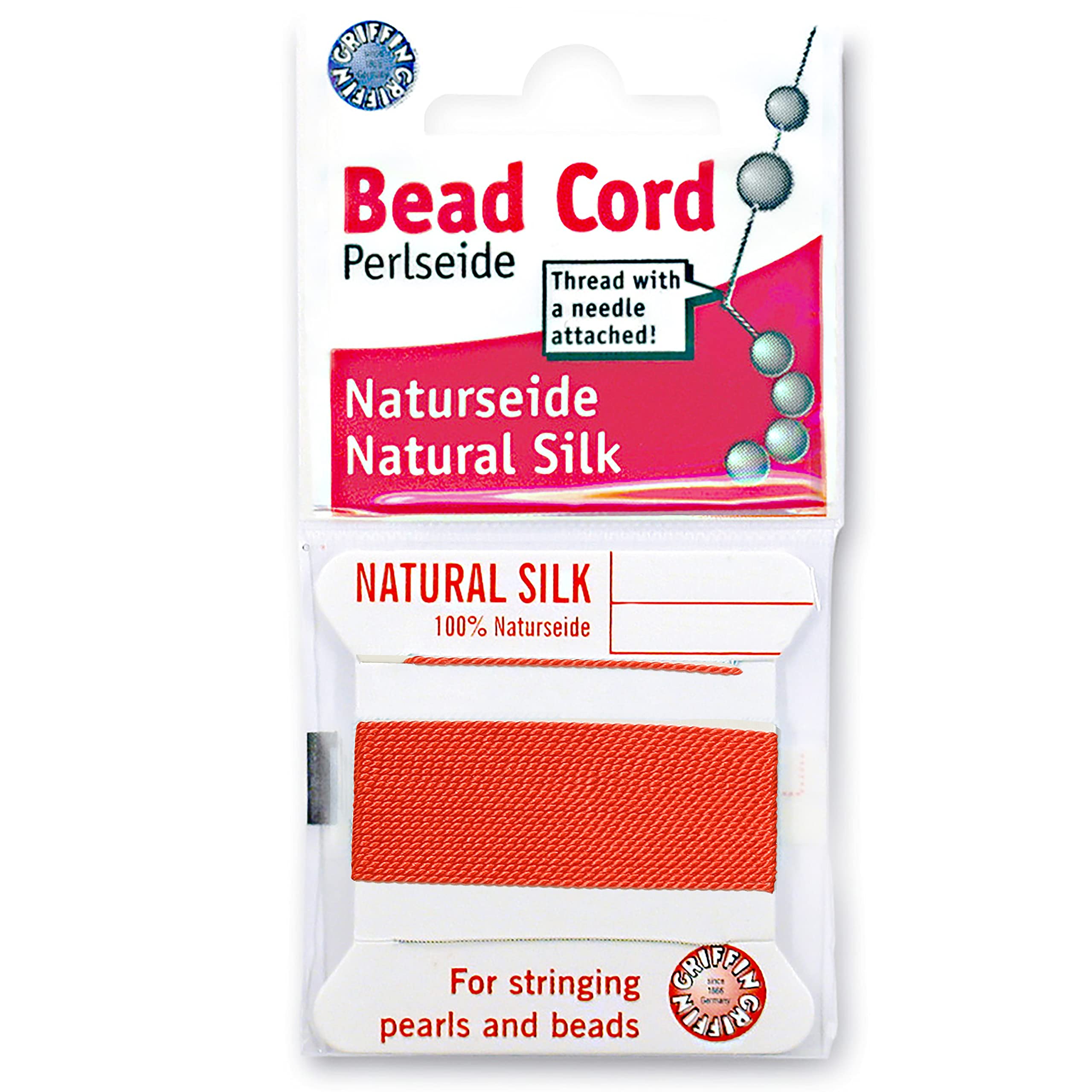 Griffin Silk Bead Cord Perlseide – Coral Color – Size 3 (0.50mm) – 2 Meters per Card – Stainless Steel Needle Attached – for Knotting Pearls, Gemstones, Crystals and Beads
