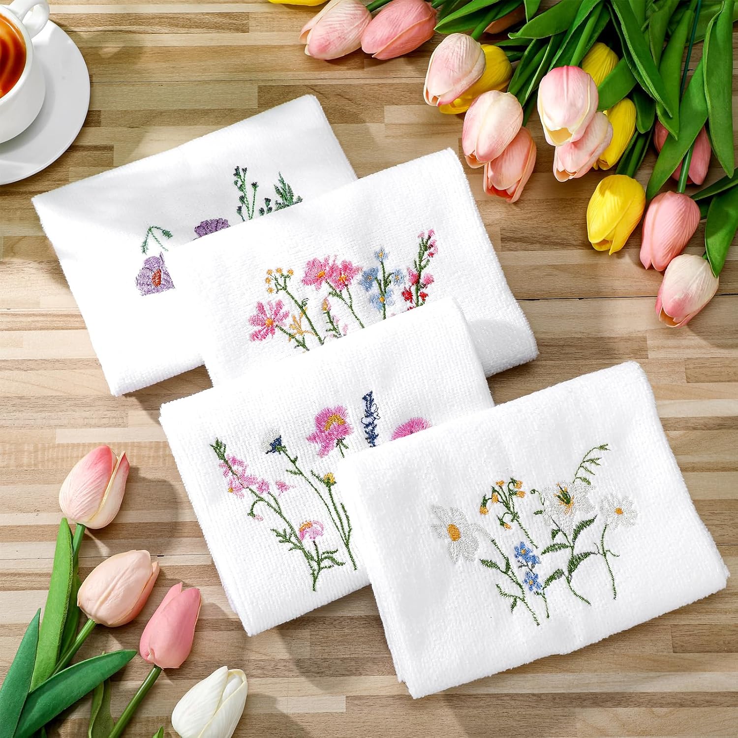 Geyoga 4 Pcs Spring Floral Embroidery Fingertip Towels Wildflowers Bathroom Kitchen Hand Towels Farmhouse Flower Tea Dish Washcloths for Bathroom Kitchen Home Spring Easter Decor Gifts - Image 7
