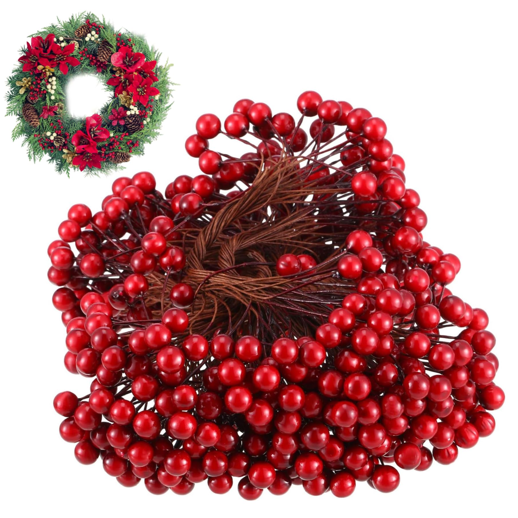 Comebachome 250 Stems 8mm Artificial Holly Berries, Flexible Bendable Berries for Wreath Making Craft