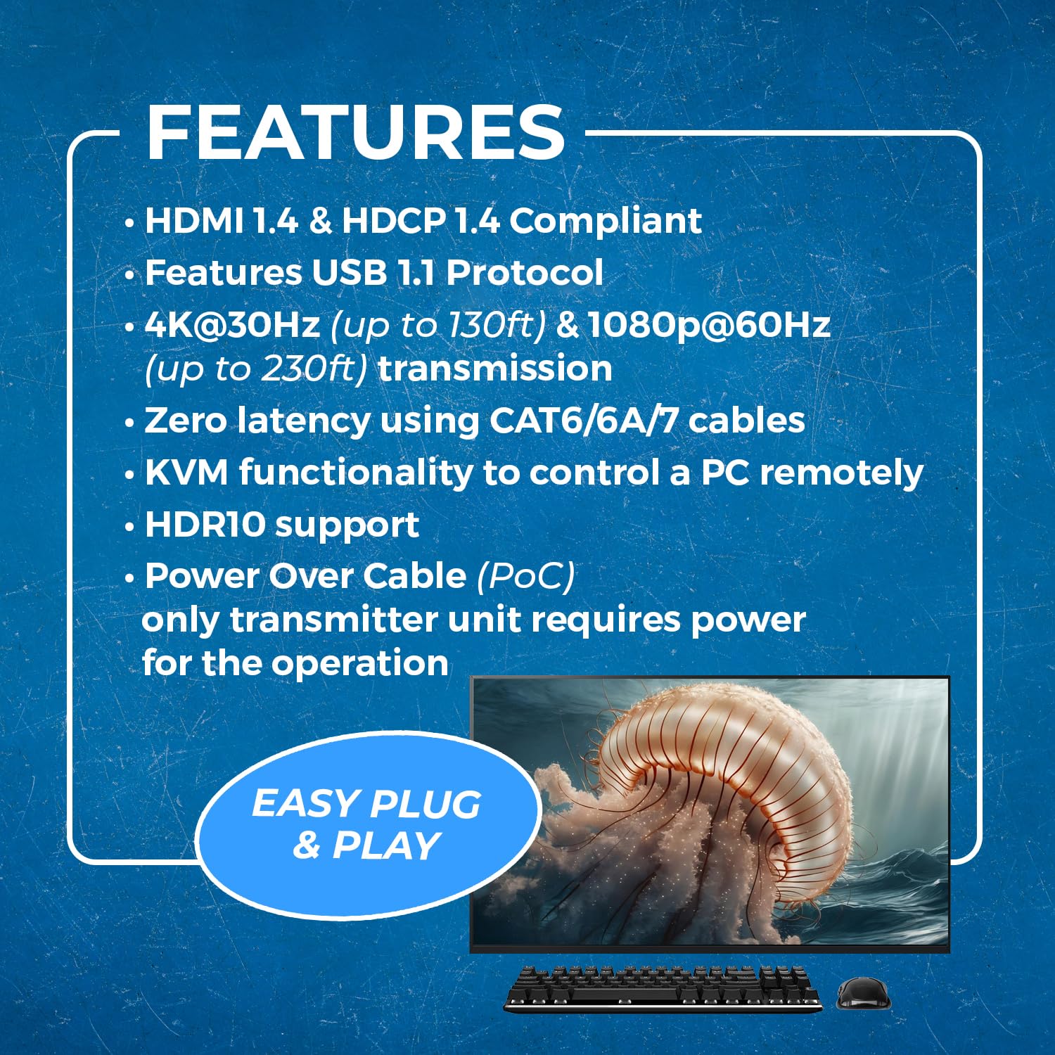 OREI KVM 4K HDMI Extender Balun sur un seul câble Ethernet CAT6/7 4K, 30 Hz jusqu'à 40 m – 2 ports USB 1.1, prend en charge le clavier et la souris
