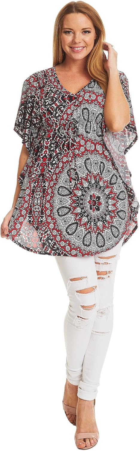 MBJ Womens Solid/Print Caftan Lounge Tunic Top - Made in USA