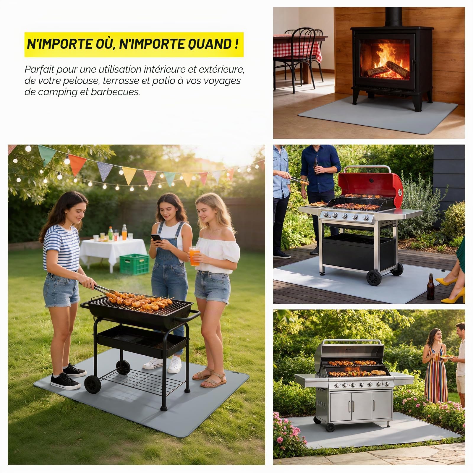 PAWBOSE Tapis de 65x48 Pouces sous le Grill pour Barbecue Extérieur, Tapis BBQ Double Face Ignifuge pour Patio et Terrasse, Tapis pour Foyer Extérieur Résistant au Feu et à l'Huile & Protège-Foyer