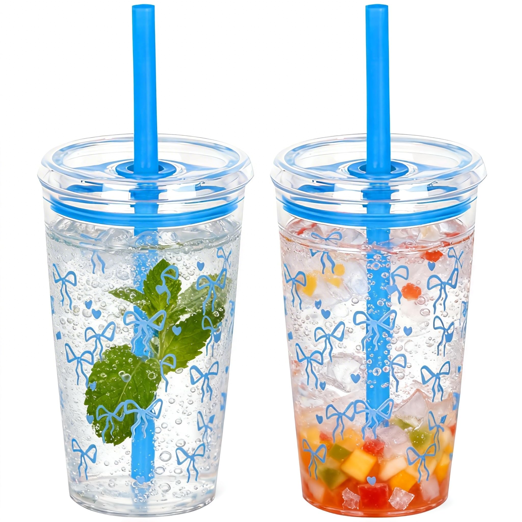 Yisituo 450ml Reusable Iced Coffee Cup, 2 Pack Clear Plastic Cups with Lids and Straws, Cold Cup, for Hot and Cold Drinks (2, Blue Butterfly)