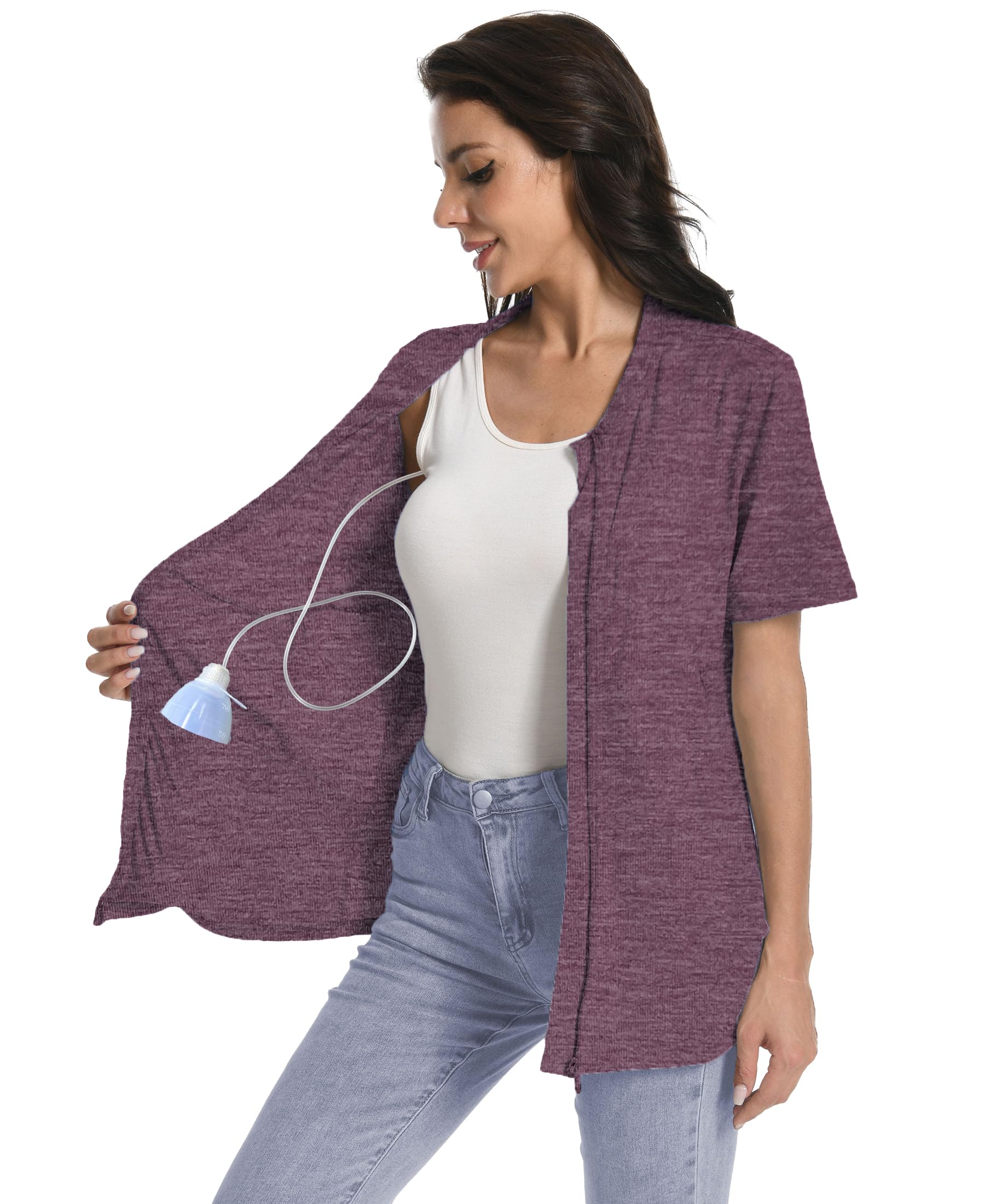 Post Mastectomy Zip Up Shirts with Drain Pockets Surgery Recovery Must Haves Clothing Comfy Short Sleeve Shirts