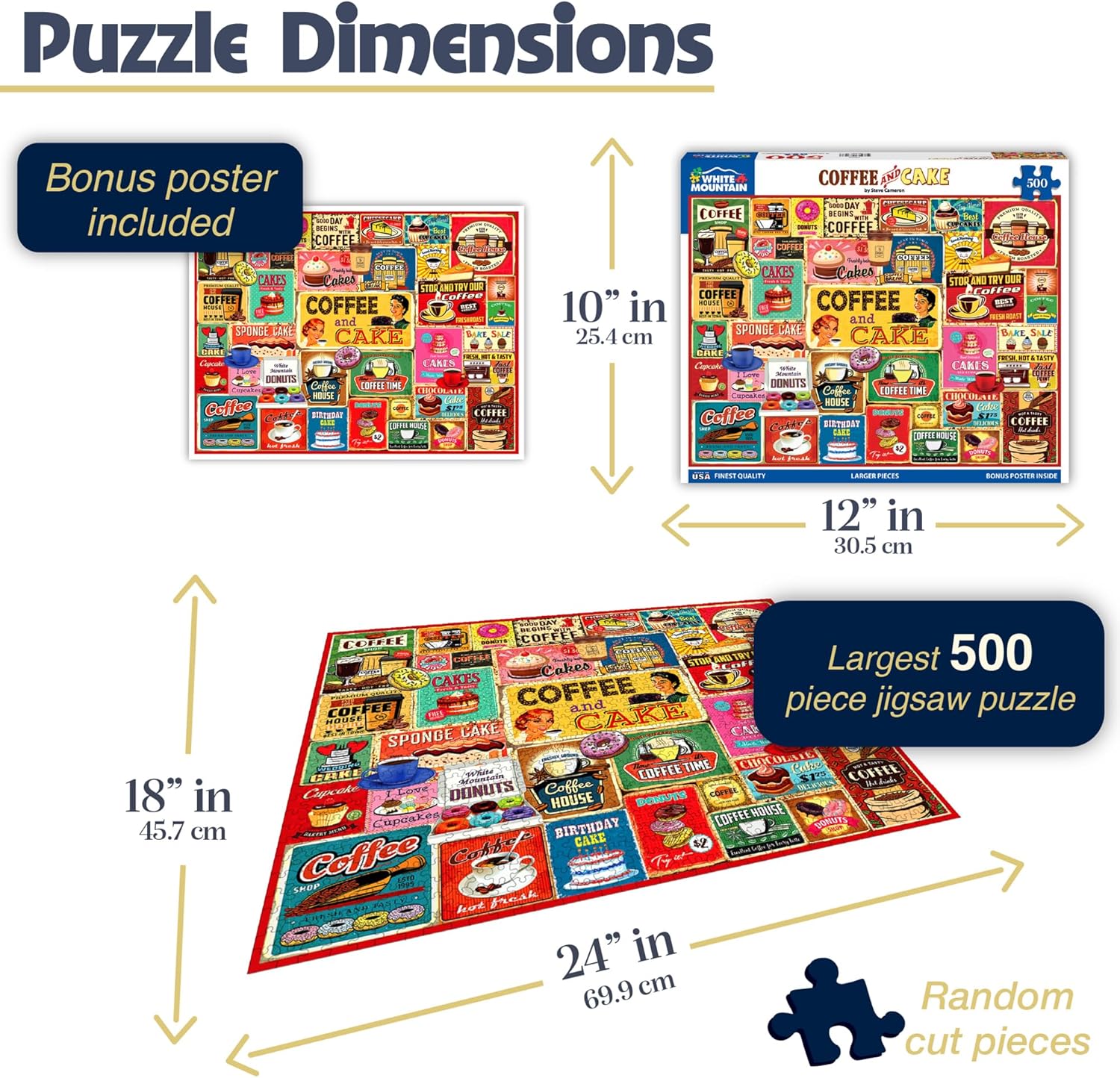 White Mountain 500 Piece Jigsaw Puzzle Funny Collage Food Puzzles with Large Pieces Gift for Adults 18"x24" - Coffee & Cake