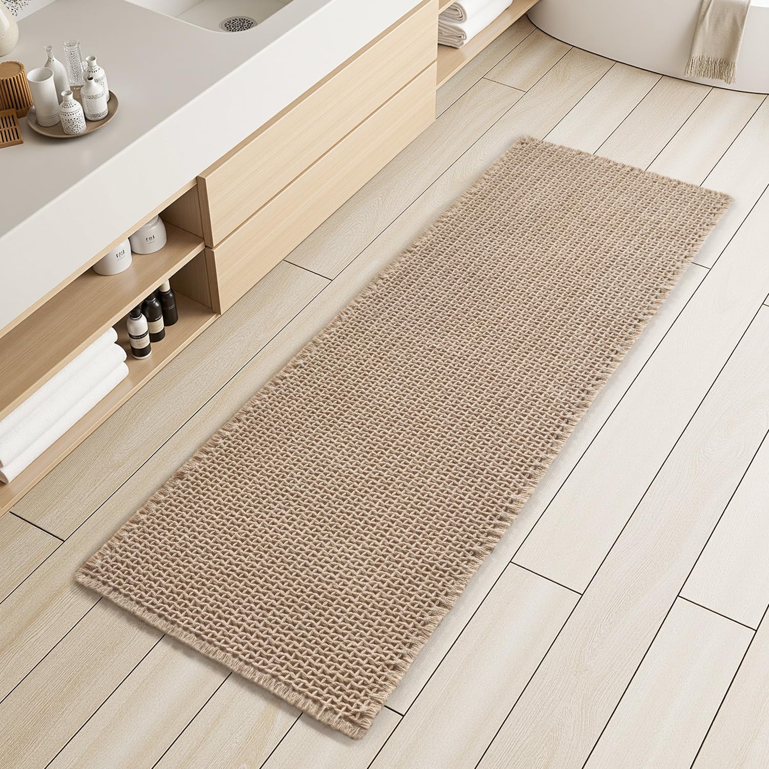 Checkered Bathroom Runner Rug Super Absorbent Non Slip Bath Mat Two Tone Woven Quick Dry Long Bath Rugs Washable Runners for Hallways Bedroom Laundry Room Kitchen Under Sink, 2' x 5', Brown