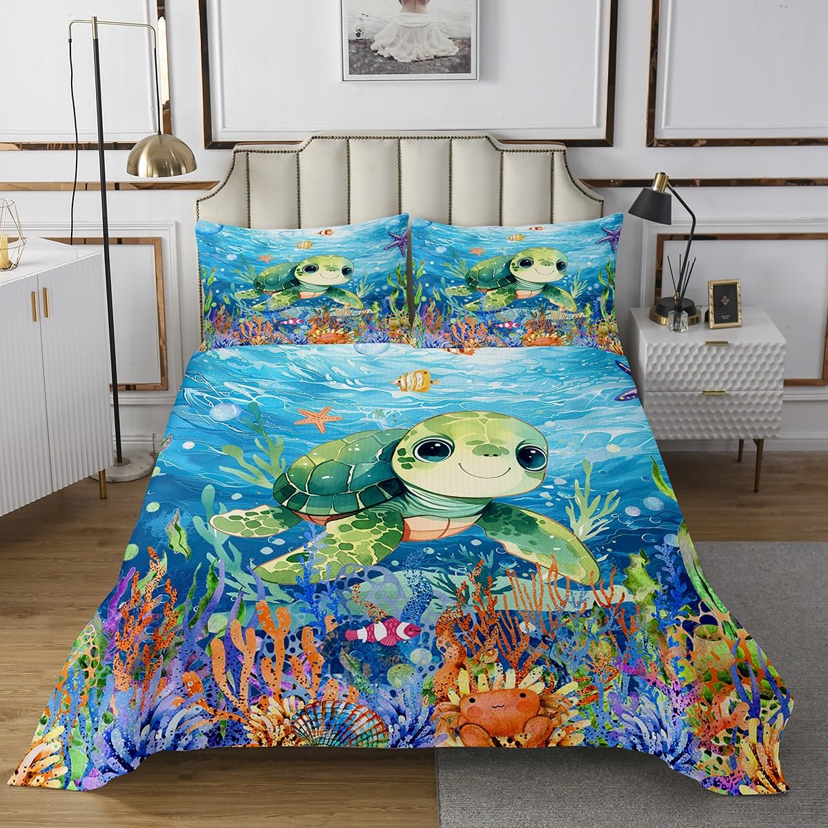 Feelyou Toddler Sea Turtle Bedspread for Kids Boys Girls Ocean Quilted Coverlet Twin Size Reptile Tortoise Coverlet Set Room Decor Coastal Quilted Nautical Beach Quilt Set