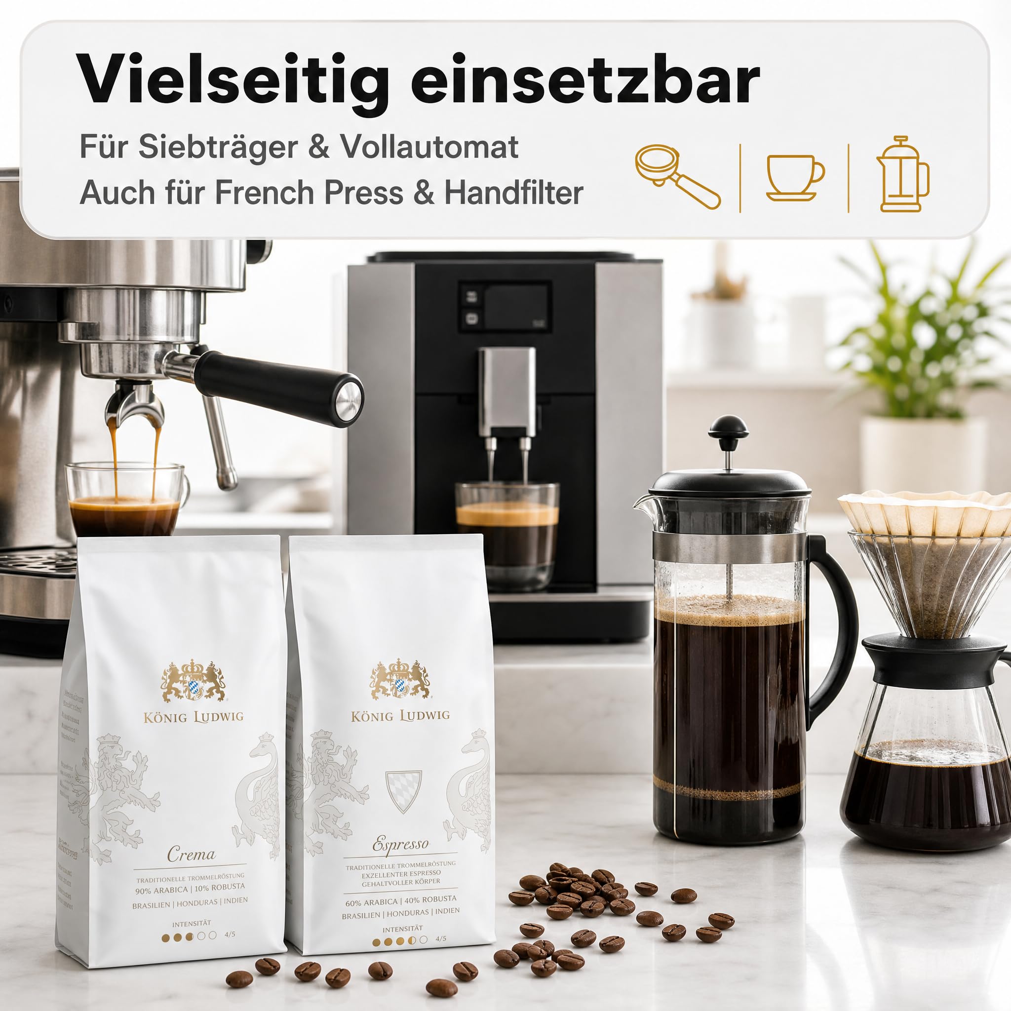 König Ludwig Kaffeebohnen Set, 90% Arabica Crema und 60% Arabica Espresso, Traditionelle Trommelröstung, 2000g (Espresso 1 Kg + Crema 1 Kg)
