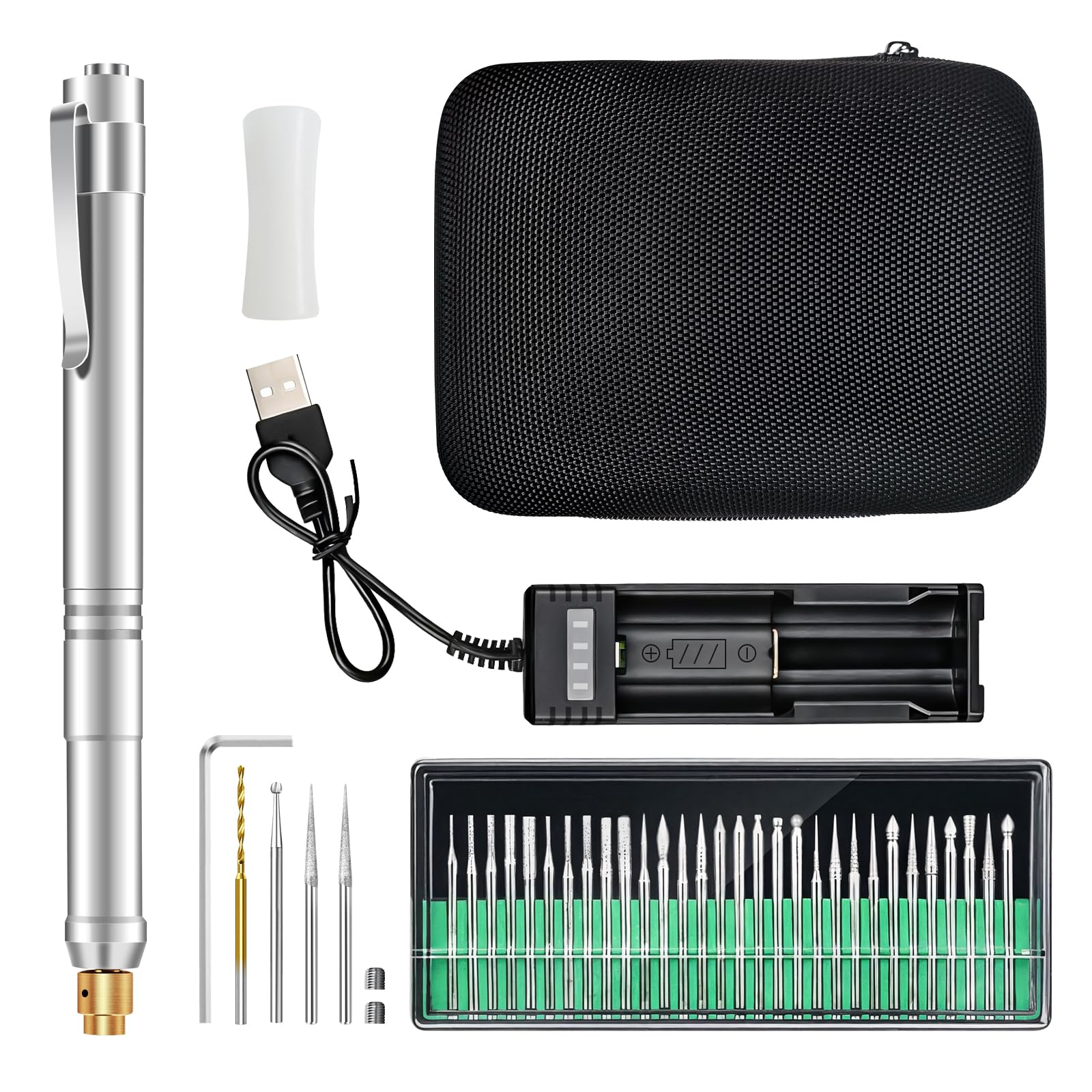 BAIQI Electric Micro Engraving Pen Set,USB Chargeable Cordless Rotary Tools,37000 PRM and Low Noise,40 Pcs Accessories for Wood Stone Jewelry Ceramic Glass Metal Engraving Driling Cutting
