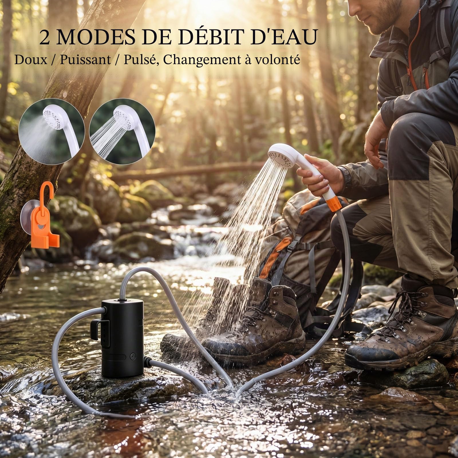 Douche d'extérieur portable, 2 modes de débit, pompe de douche alimentée par batterie de 4400 mAh pour randonnée/randonnée, voyage, plage, animal de compagnie, floraison, étanche IPX7 et rechargeable