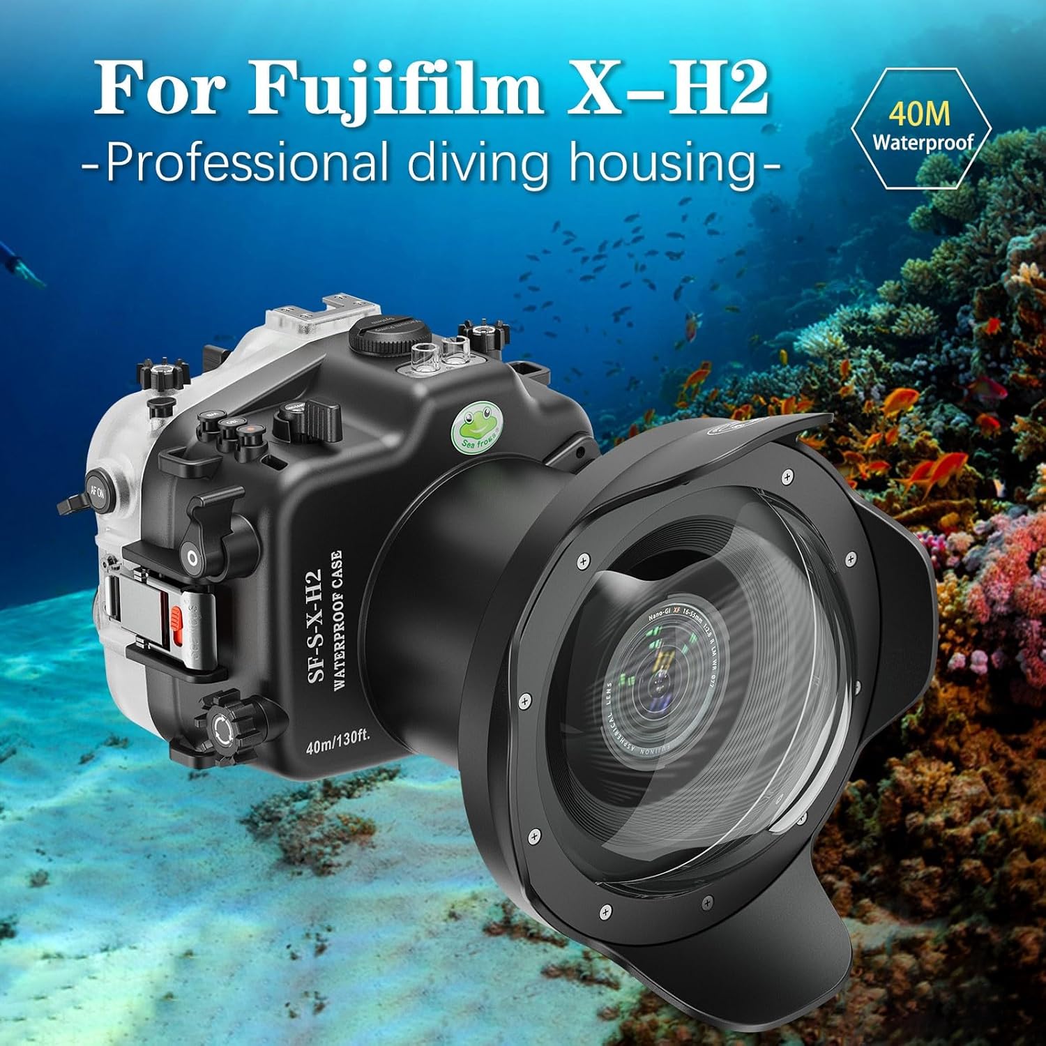 SeaFrogs SF-S-X-H2 [40M/130FT] Professional Underwater Housing with WA005F Dome Port Kit, Diving Scuba Waterproof case for Fujifilm X-H2 Fuji XH2S for XC 16-50MM, XF 18-55MM, XF 16-55MM Lenses