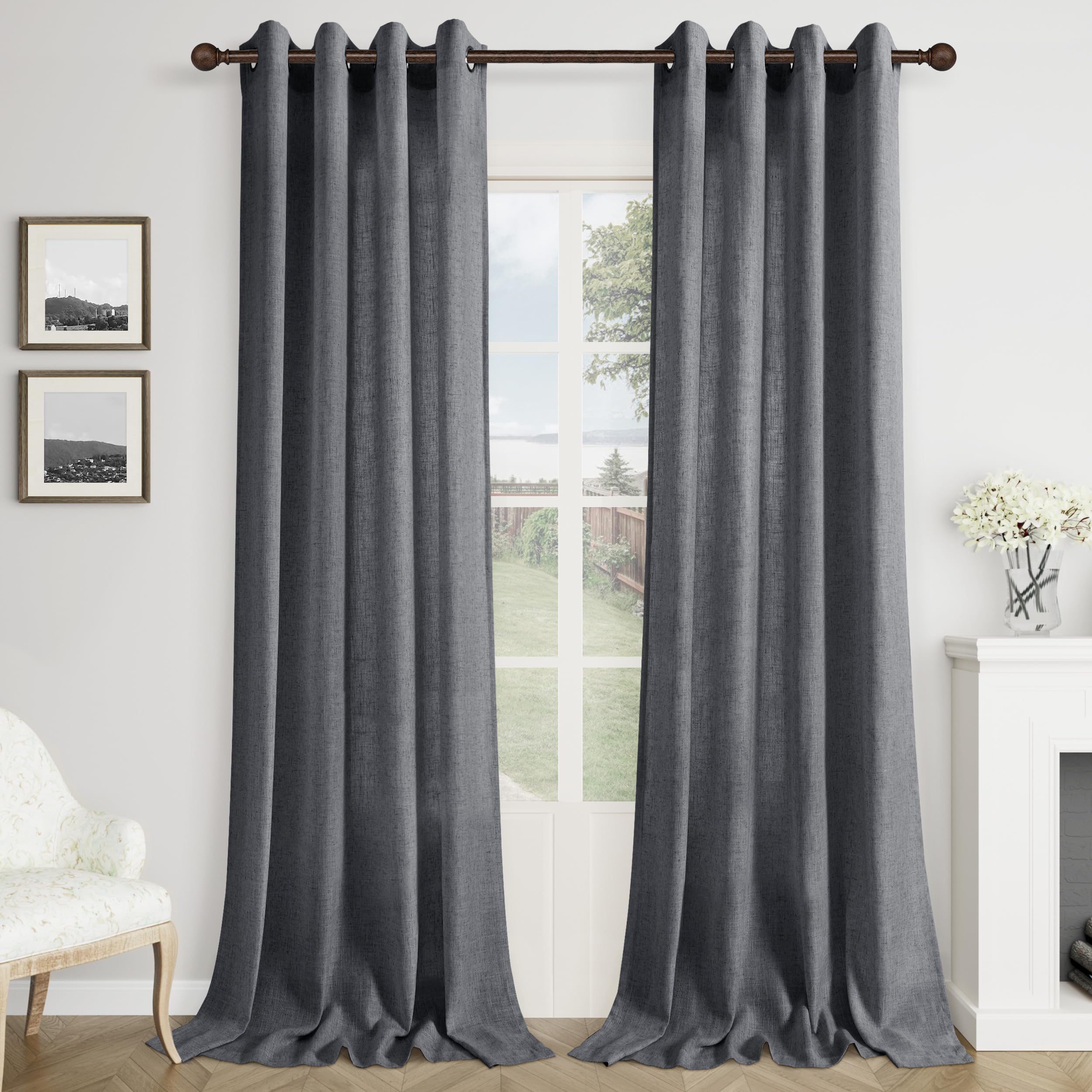 102 Inch Linen Curtains Grey Grommet 2 Panel for Living Room Divider Linen Drapes Semi Sheer Farmhouse Window Curtains Ceiling to Floor 102 Inches Long for Sliding Door Slate Charcoal Dark Gray