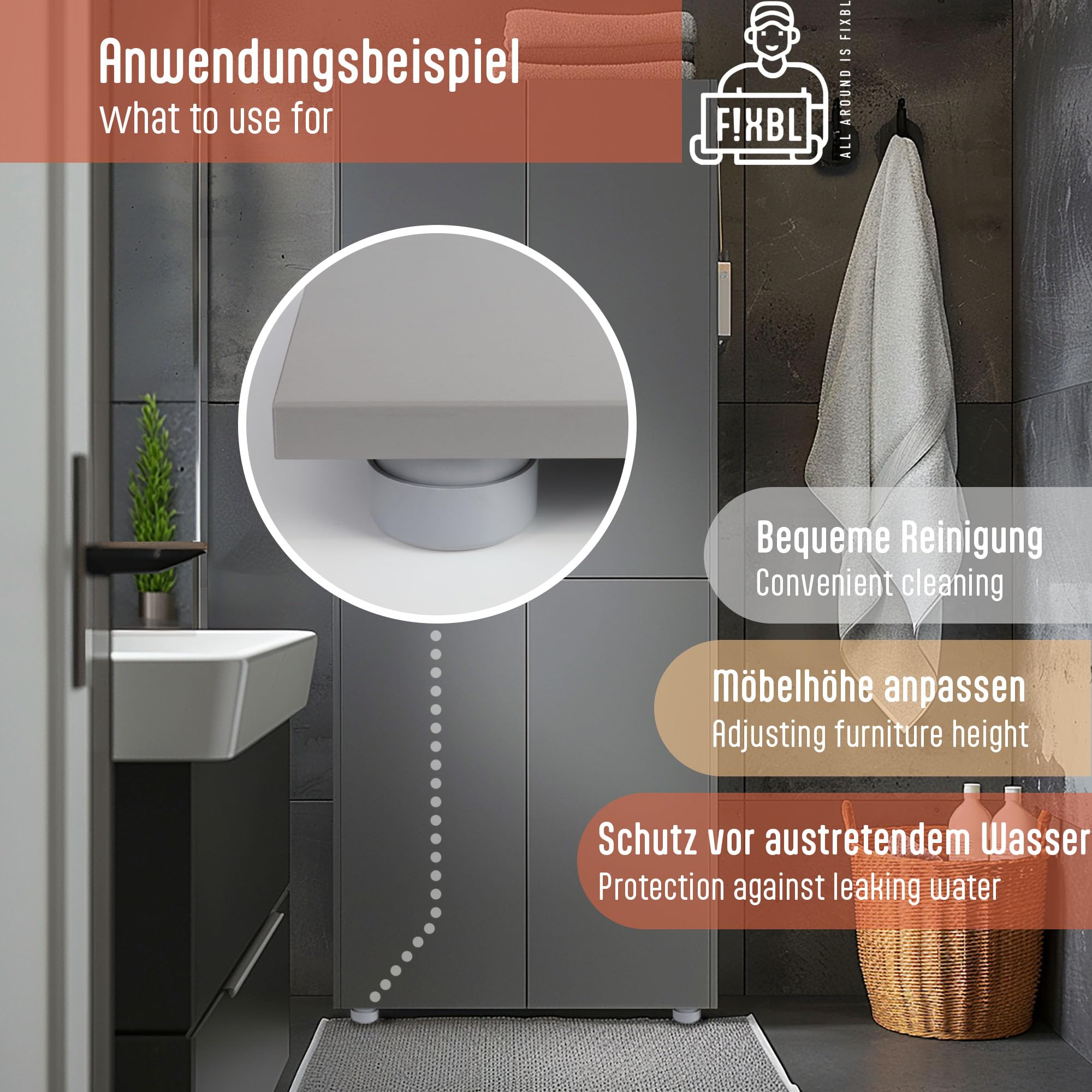 SKIR'CO Lot De 4 Pieds De Meubles En Plastique Réglables En Hauteur, Ronds De 55 Mm, Autocollants Pour Meubles, Avec Autocollants (4, Gris