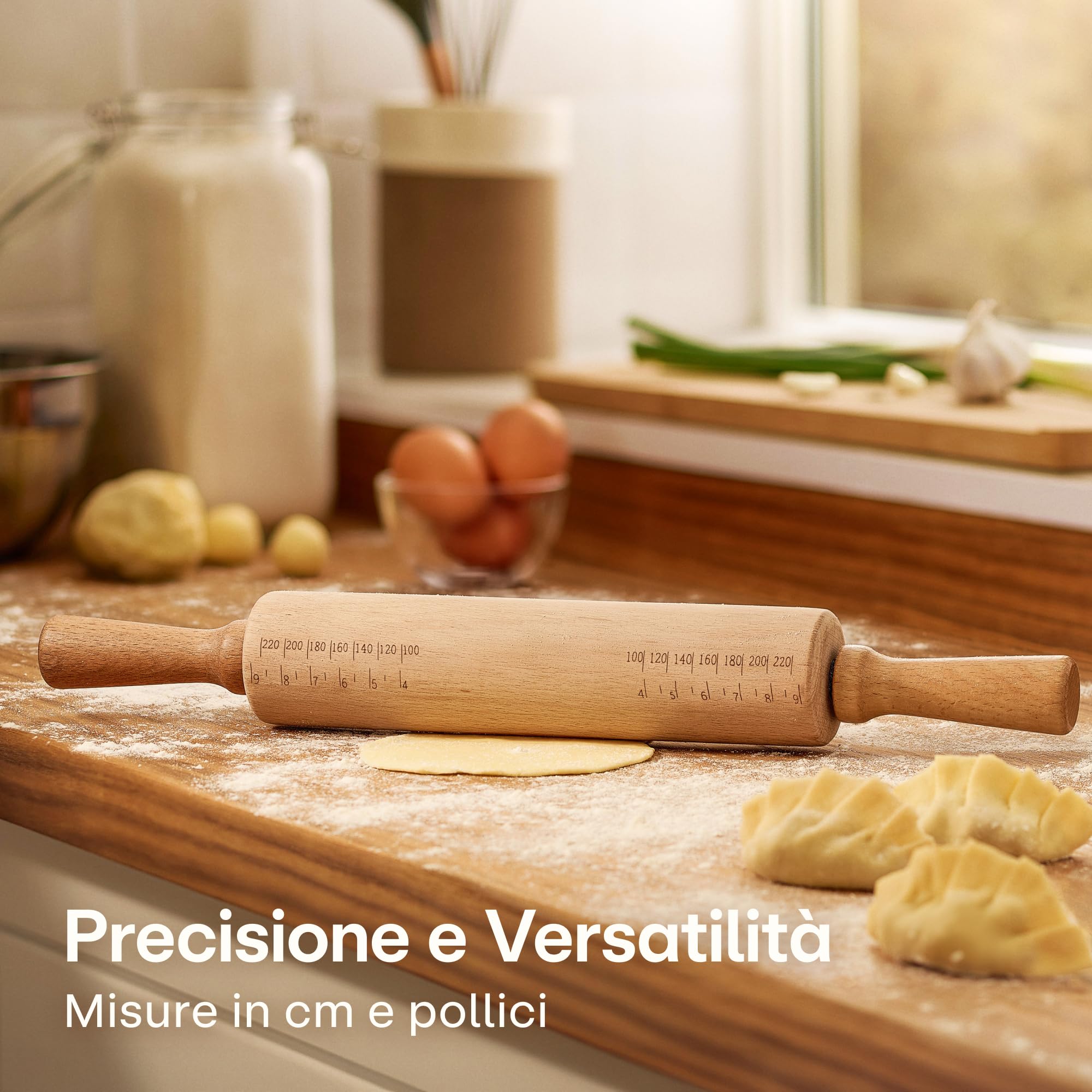 Praknu Matterello in Legno di Faggio FSC® - Con Misurazioni - Manico Ergonomico - Superficie Antiaderente - Con Borsa in Cotone