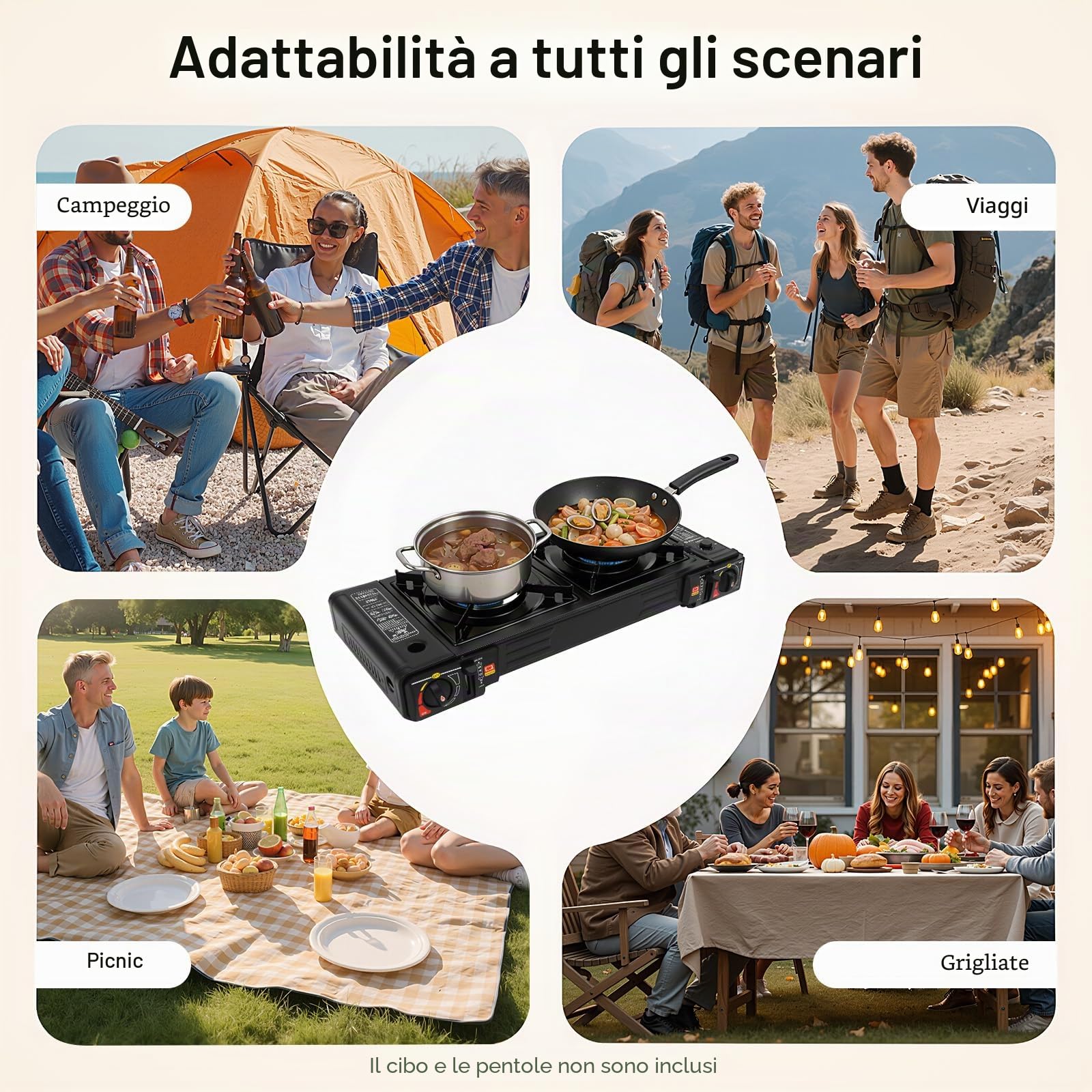 Fornello a gas da campeggio a 2 fuochi, 2×2500W fornello a gas portatile con piastra per grigliare e valigia per il trasporto, accensione piezoelettrica, per cartuccia di gas e bombola di LPG, per