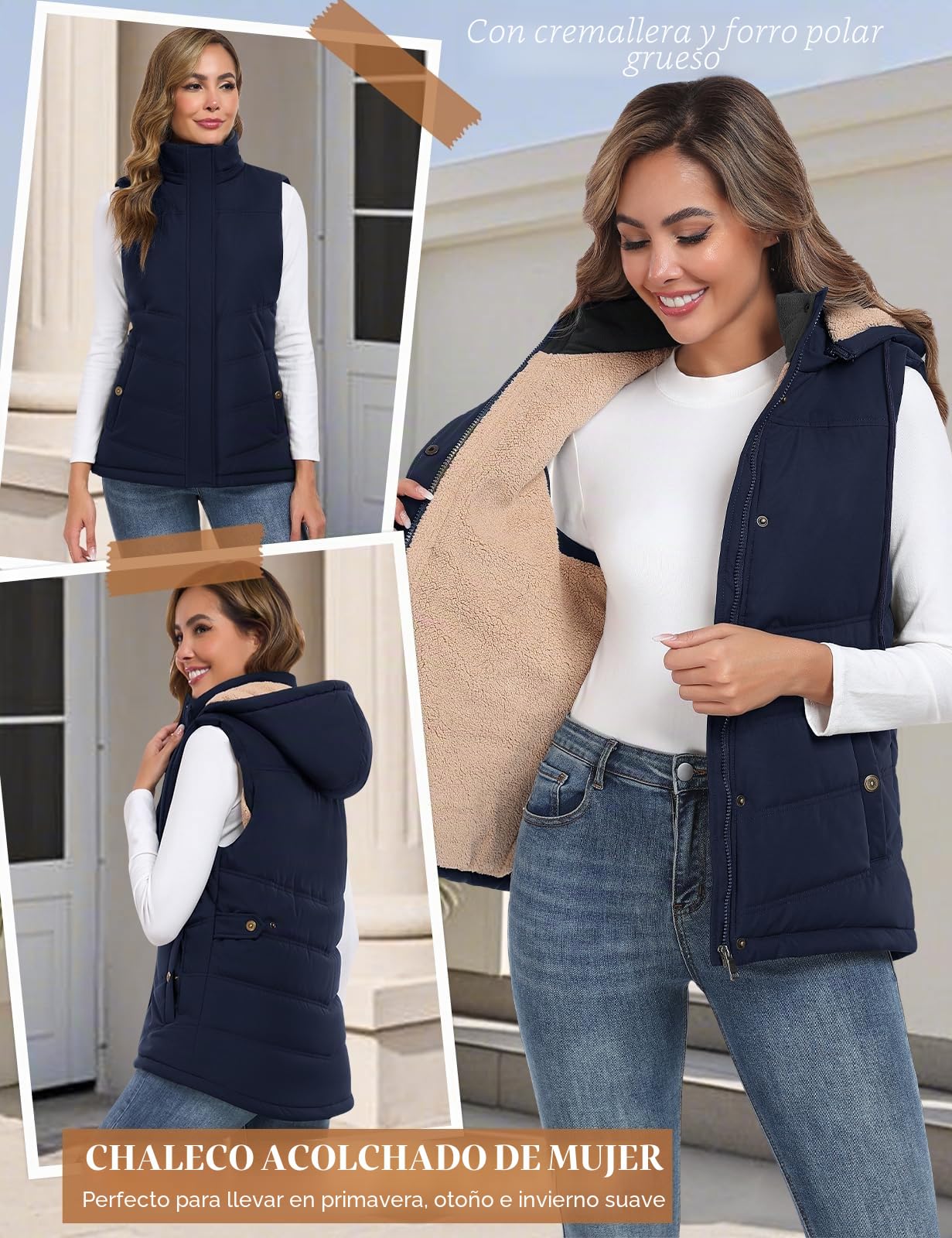 Tuopuda Chaleco Mujer Polar Chaleco Acolchado Invierno Termico Chaquetas sin Mangas con Capucha Desmontable Chalecos Exteriores con Bolsillos Outwear con Cremallera