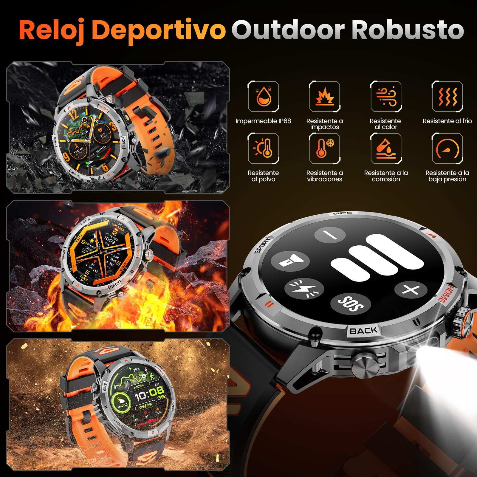 Reloj Inteligente Hombre Militar, 1,46" HD Smartwatch GPS con Linterna Led, Brújula, 100+ Modos Deportivos Smart Watch, Monitoreo de Salud 24/7, Llamadas Bluetooth