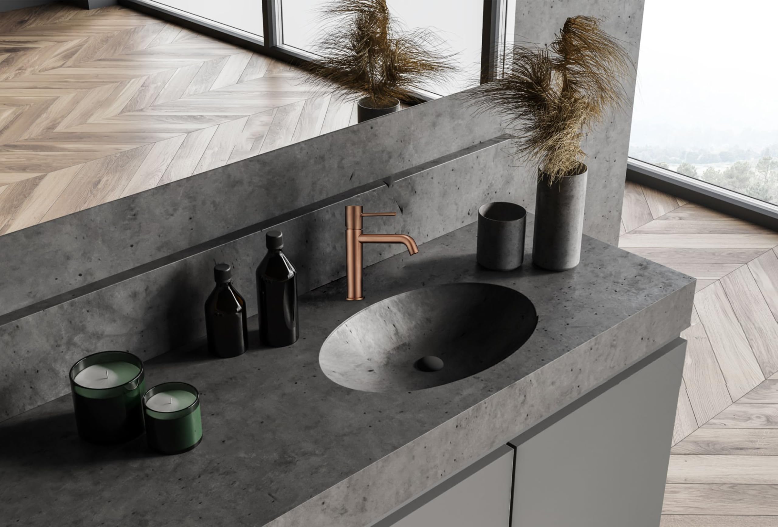 MIce - Grifo monomando de lavabo fabricado en latón - 2 vias agua Fria/Caliente - Griferia de baño para lavabo color Cobre Mate serie Brezzo BZO001-1CM