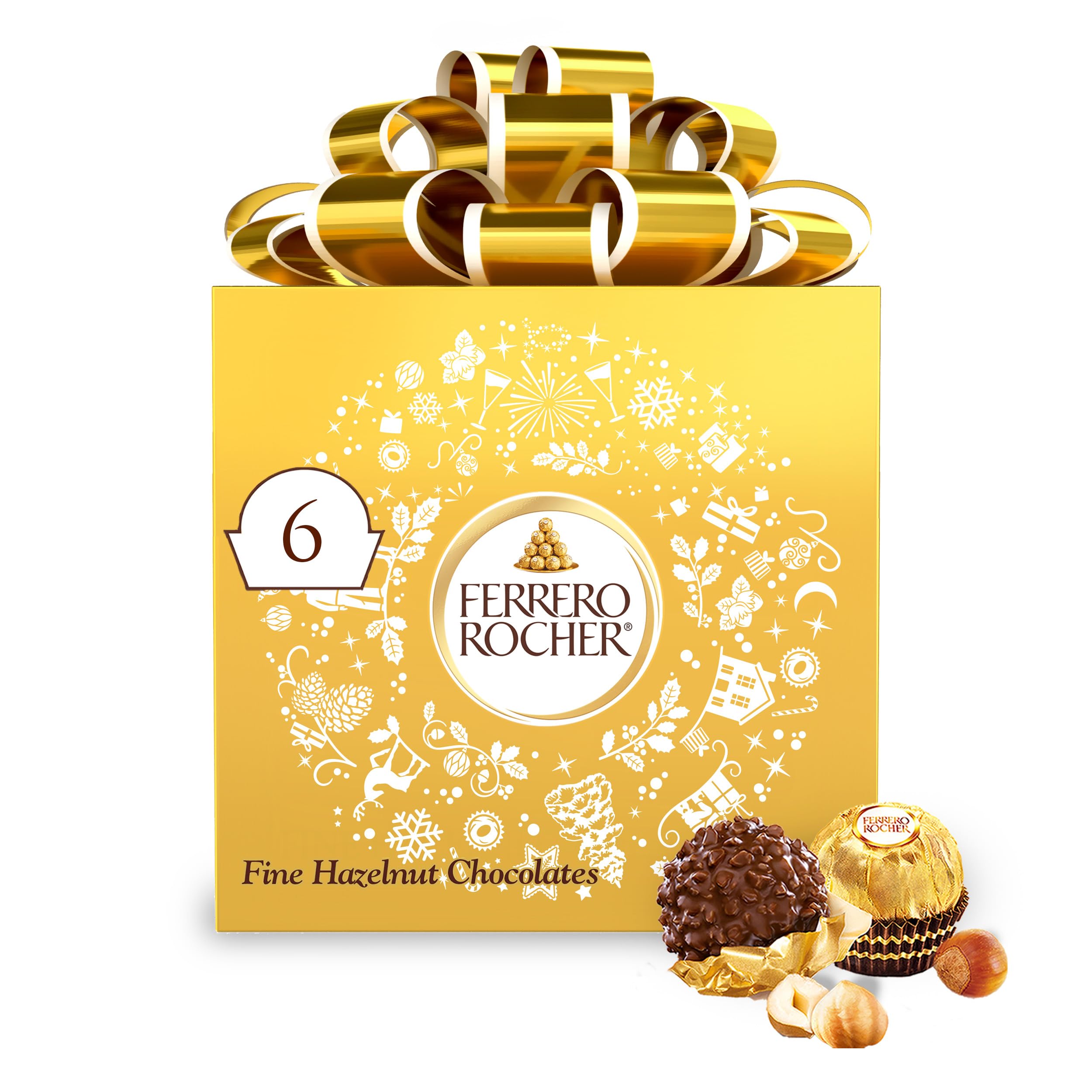 Ferrero Rocher, 6 Count, Premium Gourmet Milk Chocolate Hazelnut, Luxury Chocolate Holiday Gift, Individually Wrapped, 2.6 Oz