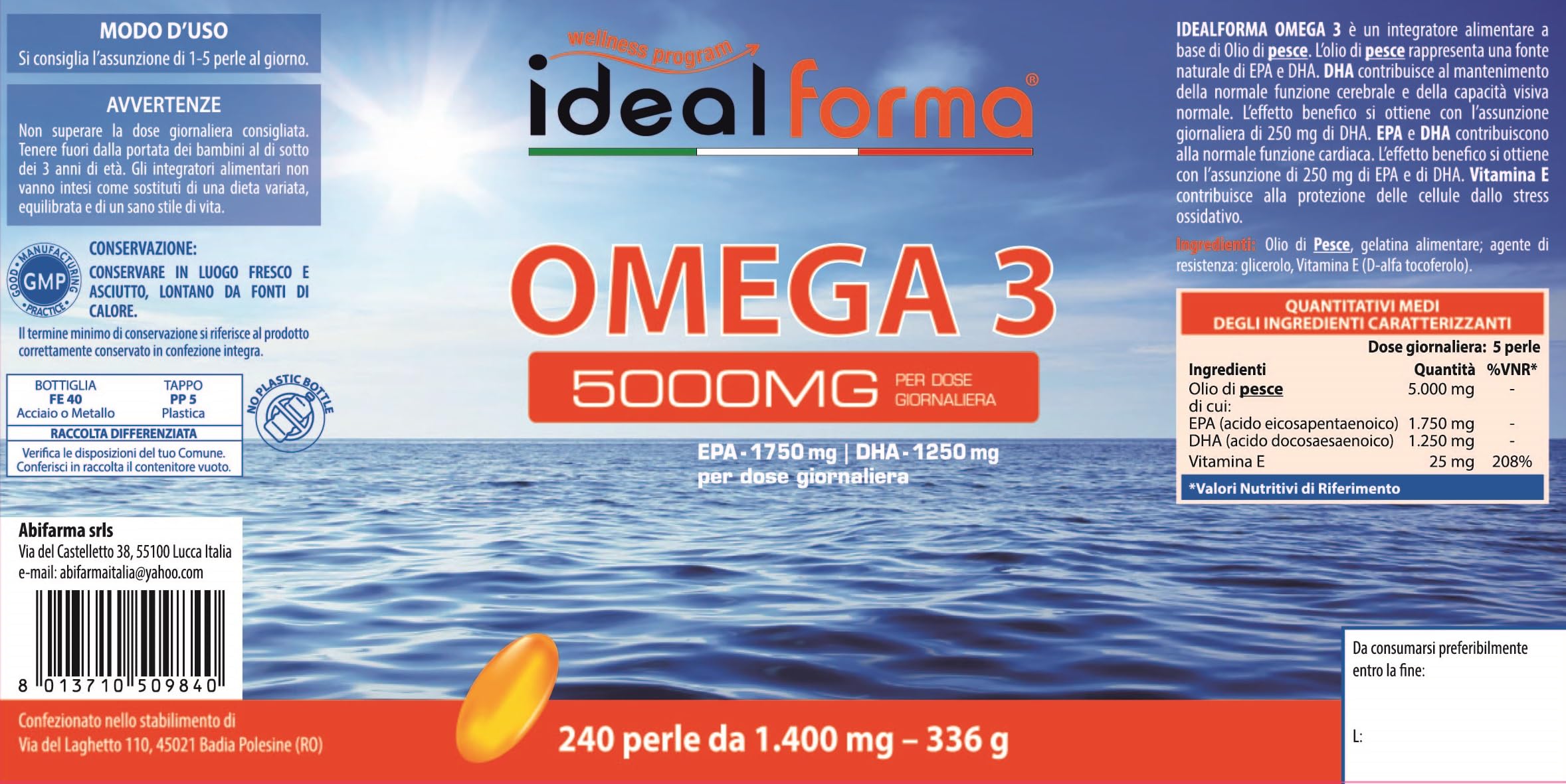 Omega 3 olio di pesce Idealforma 240 perle ad elevata concentrazione - senza ritorno di gusto - flacone di alluminio