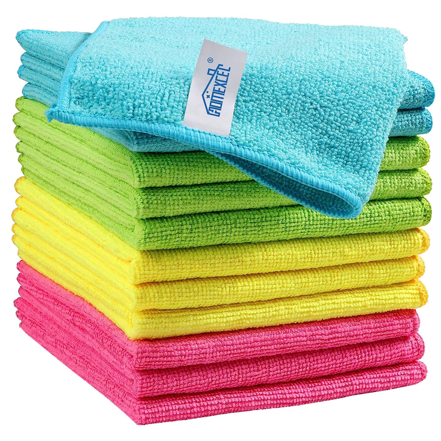 HOMEXCEL Microfiber Cleaning Cloth | 250 GSM - 12 Pack (40cm x 40cm) - Kitchen Towels, Car Wash Cloth (Green, Blue, Yellow, Red).