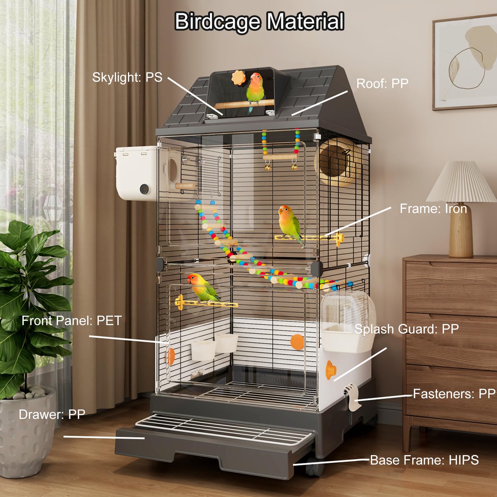Jaula para Pájaros Moderna con Vista Panorámica 98cm, Aviario Interior con Bandeja Extraíble para Periquitos, Cacatúas, Canarios, Agapornis y Aves Pequeñas Black