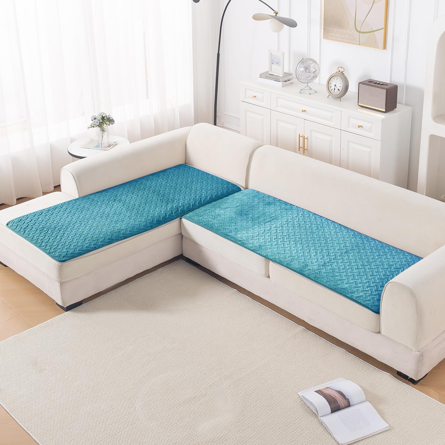HOKIPO L Shape (3+2 Seater) Sofa Cover Seat Mat with Anti Slip Backing | Premium Quilted Velvety Fabric | 'Softline Quilted Series' Teal Blue (AR-6316-BL + AR-6318-BL)-image-14