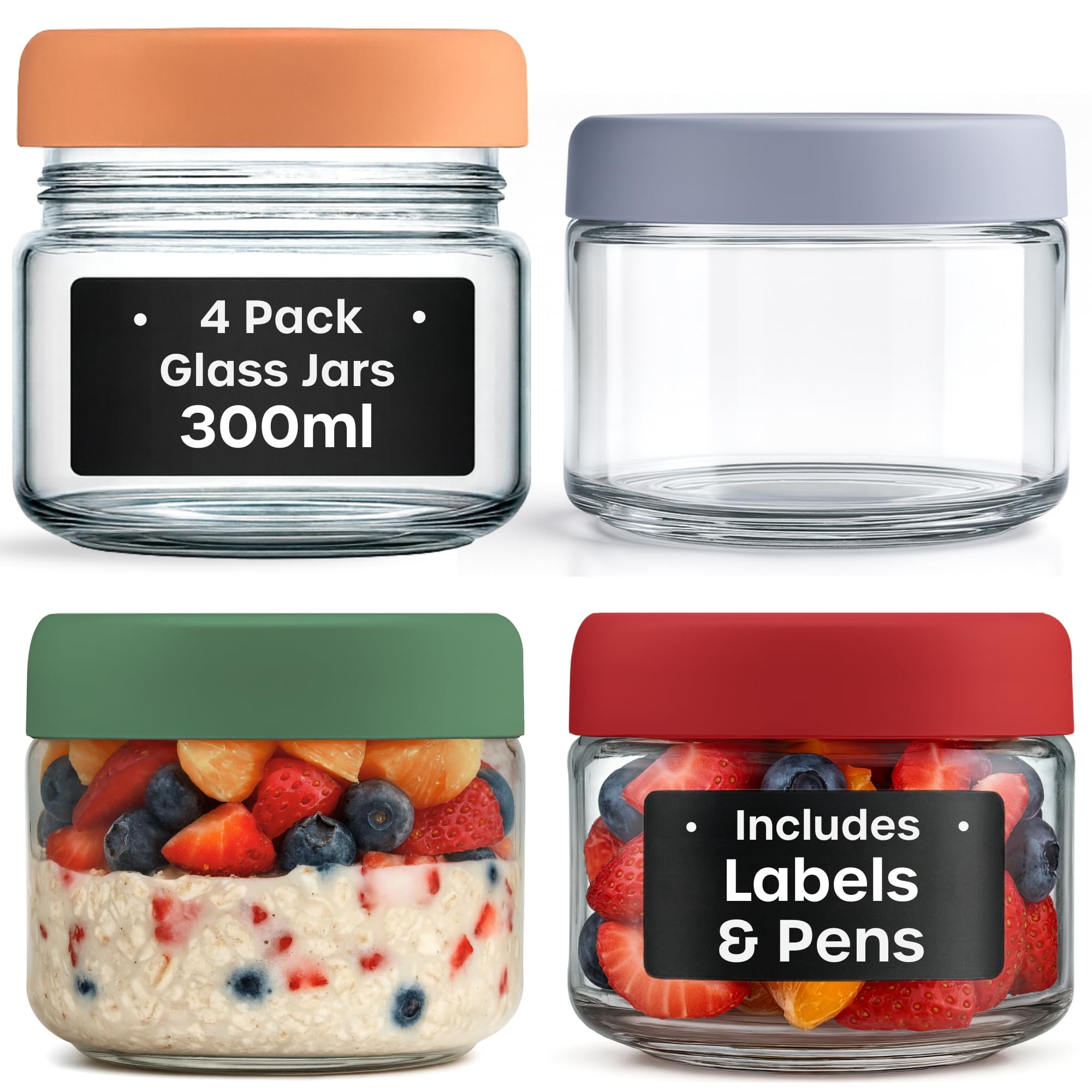 volila Overnight Oats Jar - 4 Pack 300ml Mason Jars with Lids, Black Labels, and Pen - Reusable Airtight Glass Jars for Salad, Dressing, Yogurt, Sauce, Cereal, and Food Storage
